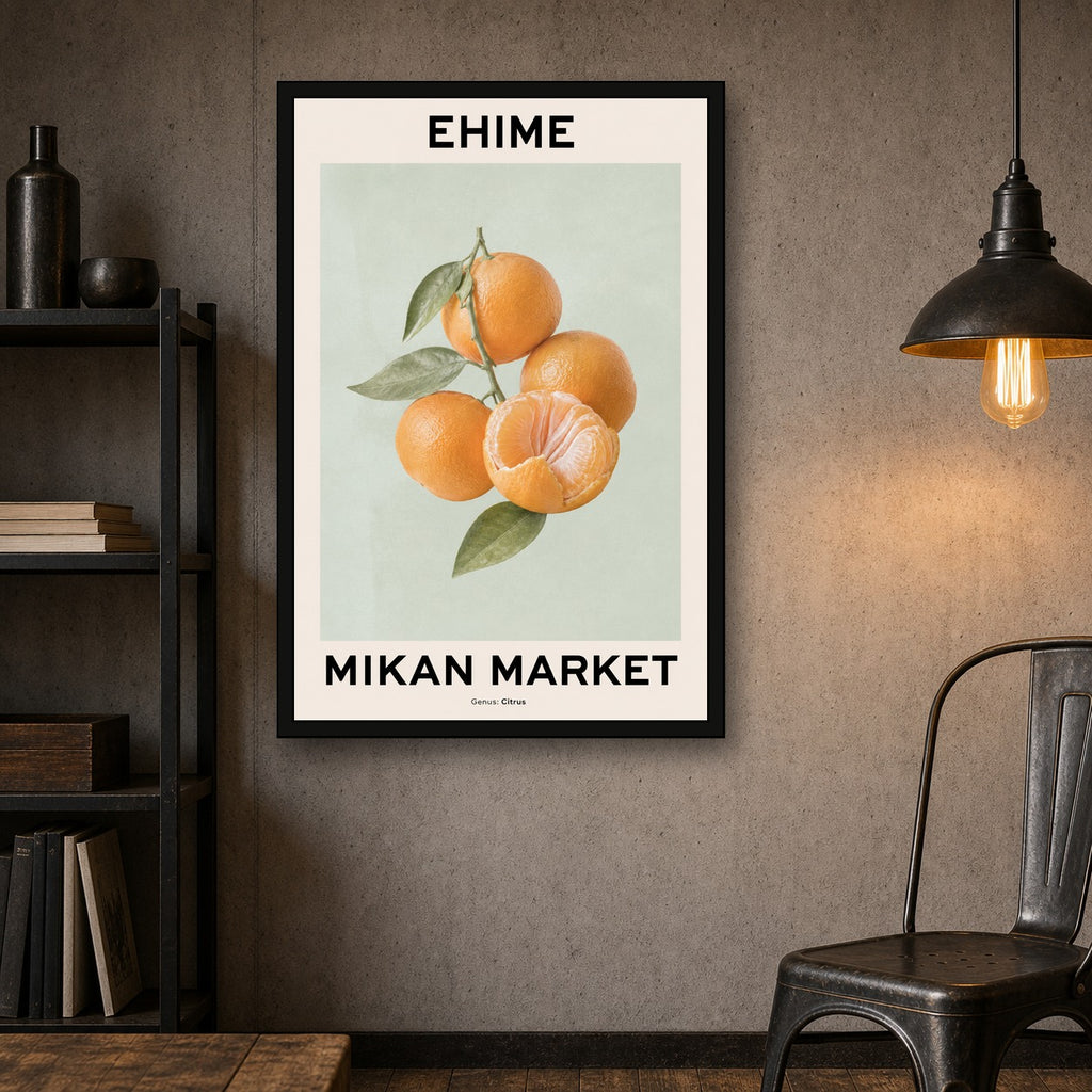 Ehime Mikan Market Poster, Japanese Citrus Fruit Wall Art, Minimalist Kitchen Decor - 2x3 room mockup