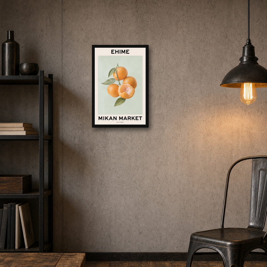 Ehime Mikan Market Poster, Japanese Citrus Fruit Wall Art, Minimalist Kitchen Decor - 2x3 room mockup