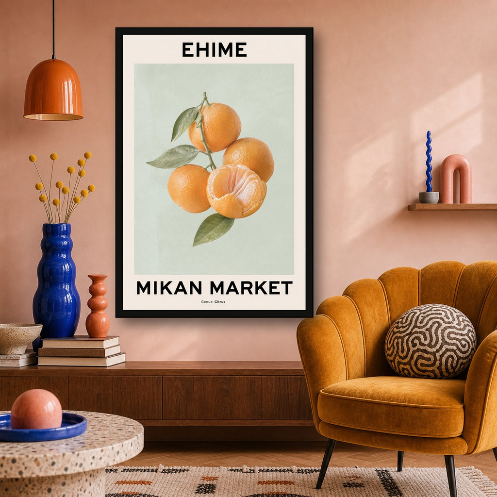 Ehime Mikan Market Poster, Japanese Citrus Fruit Wall Art, Minimalist Kitchen Decor - 2x3 room mockup