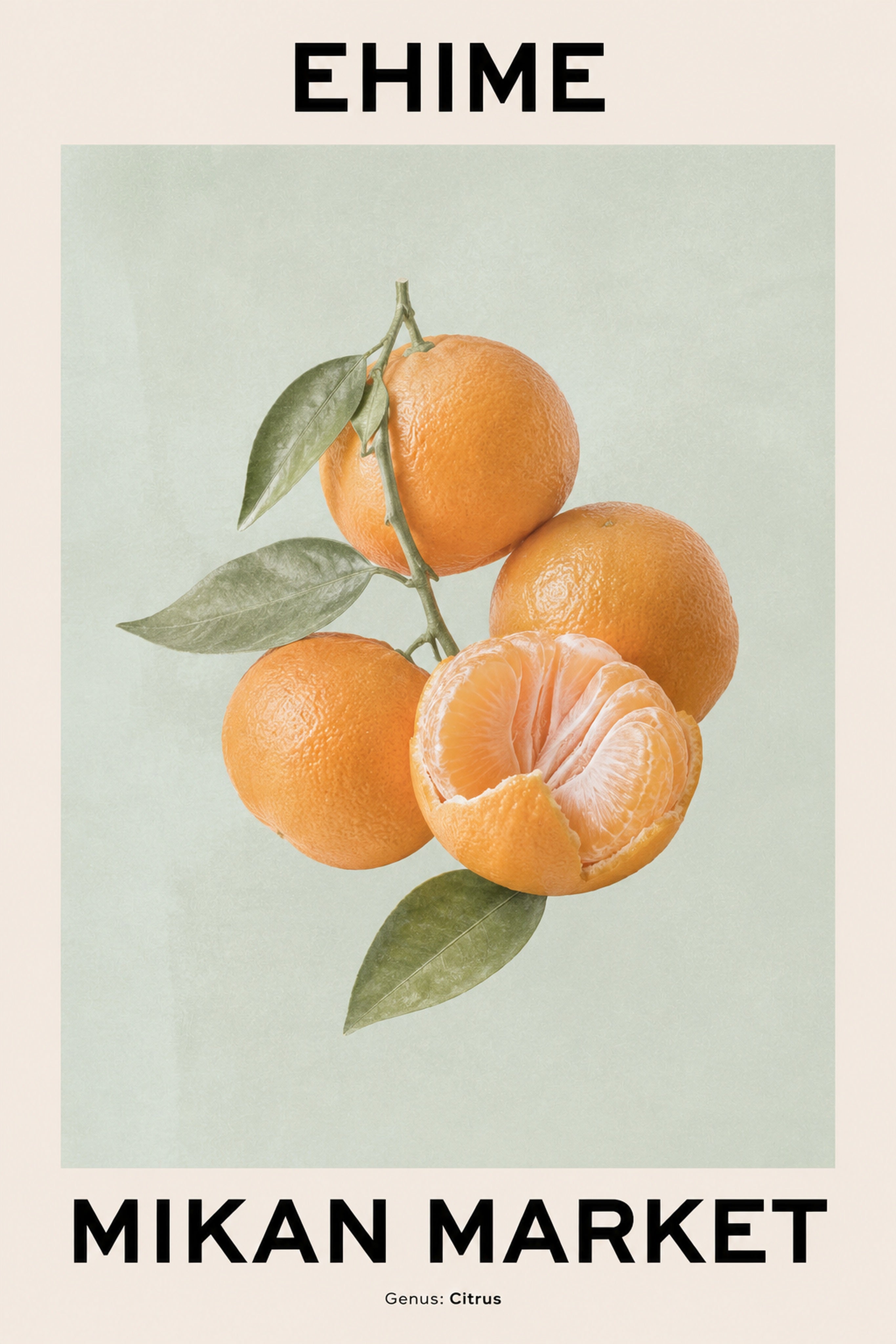 Ehime Mikan Market Poster, Japanese Citrus Fruit Wall Art, Minimalist Kitchen Decor