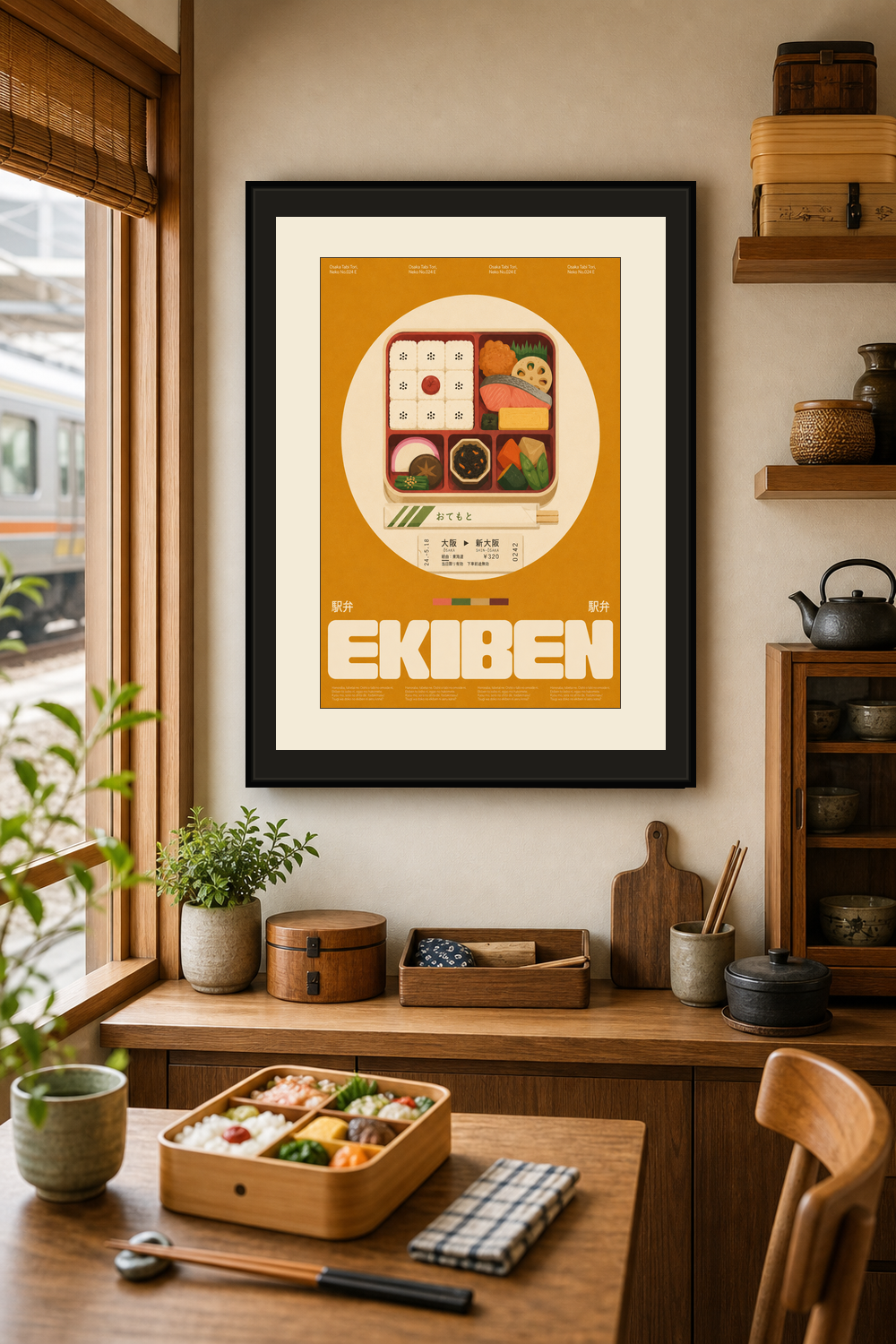 Ekiben Lunch Box Poster, Vibrant Japanese Food Art Print for Kitchen & Dining Decor in an artwork-specific room mockup