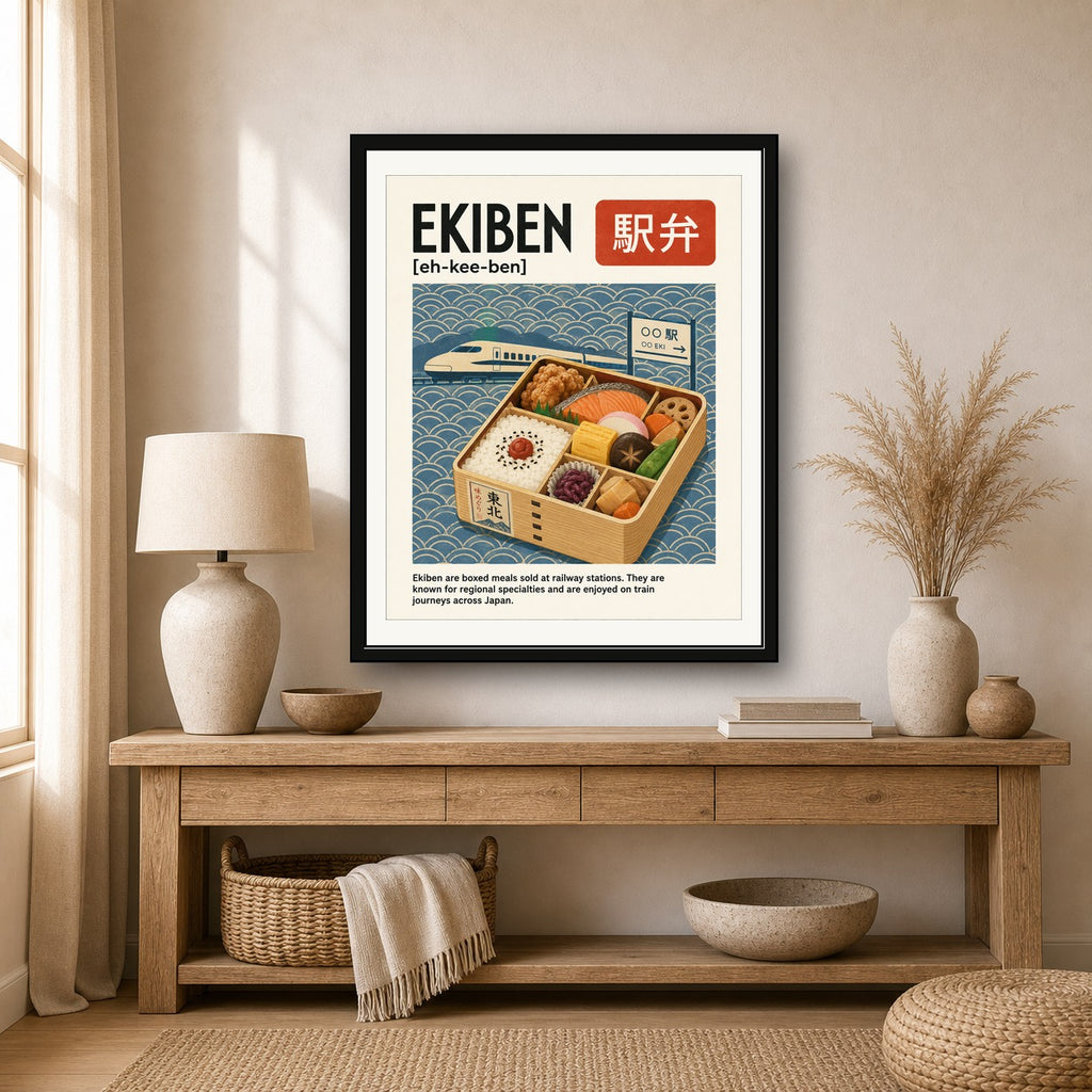 Ekiben Japan Travel Poster, Japanese Bento Box Wall Art, Bullet Train & Foodie Print - corrected 4x5 room mockup