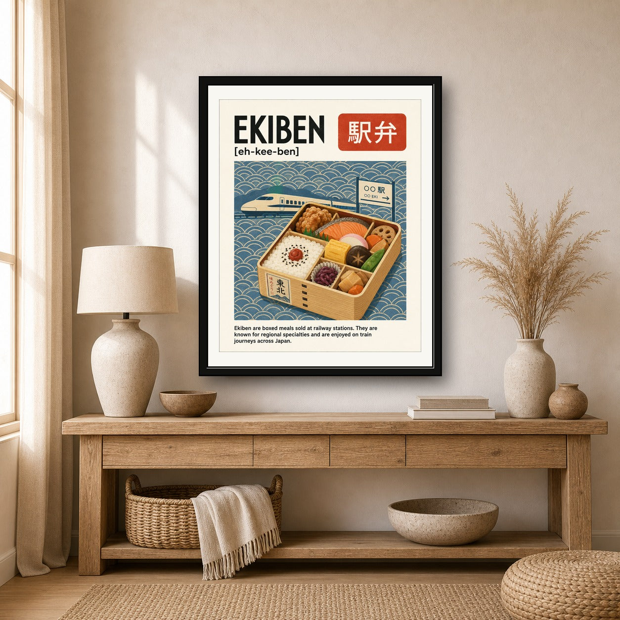 Ekiben Japan Travel Poster, Japanese Bento Box Wall Art, Bullet Train & Foodie Print - corrected 4x5 room mockup