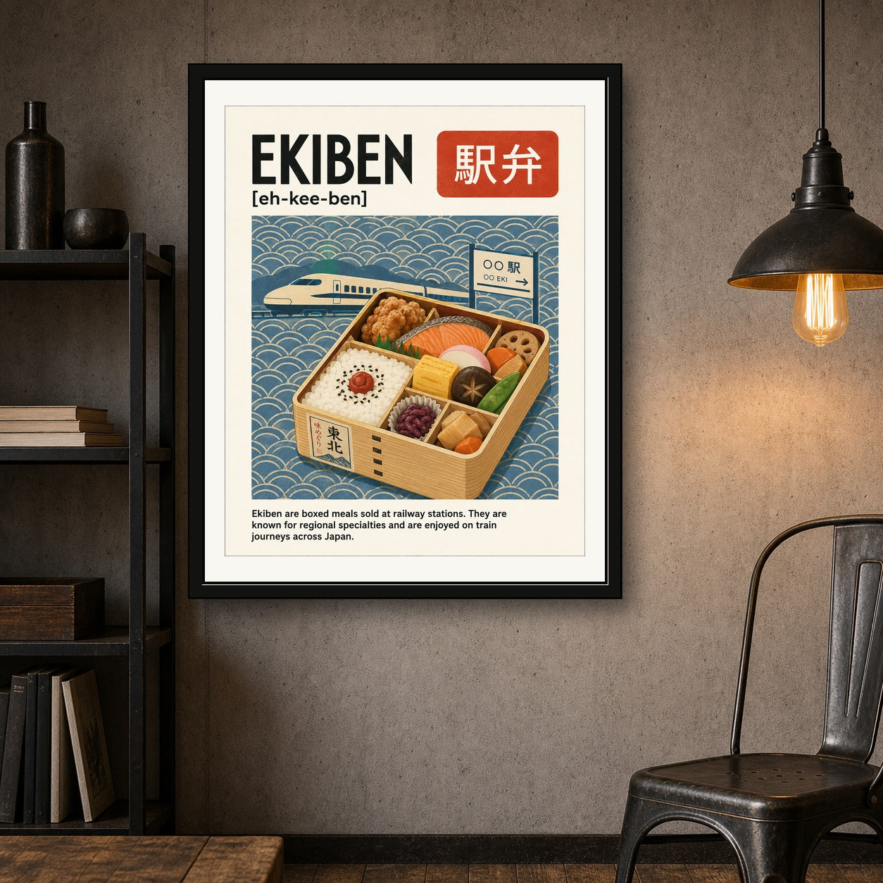 Ekiben Japan Travel Poster, Japanese Bento Box Wall Art, Bullet Train & Foodie Print - corrected 4x5 room mockup