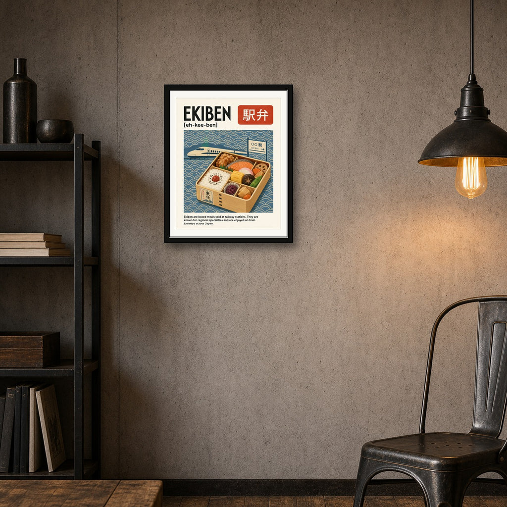 Ekiben Japan Travel Poster, Japanese Bento Box Wall Art, Bullet Train & Foodie Print - corrected 4x5 room mockup