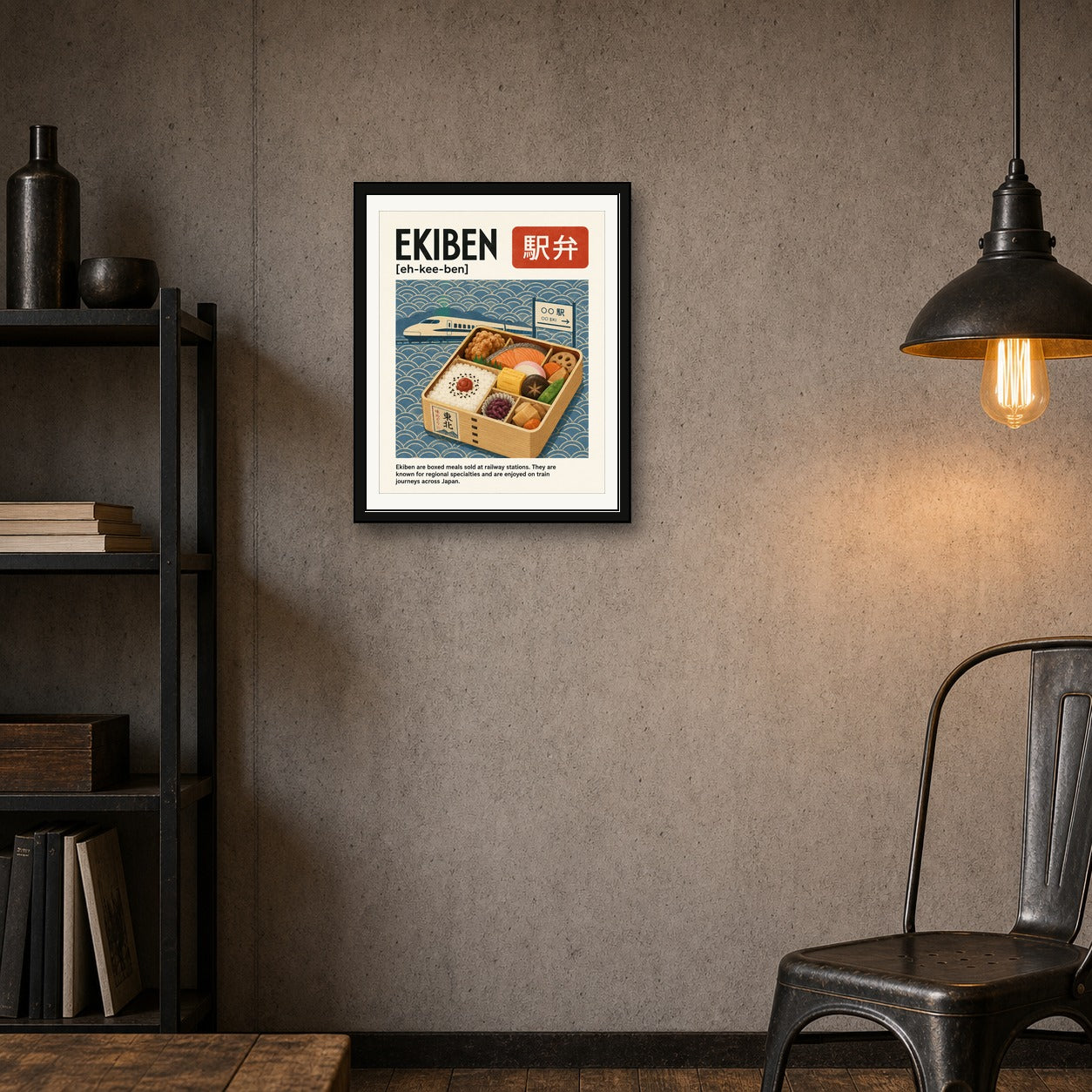 Ekiben Japan Travel Poster, Japanese Bento Box Wall Art, Bullet Train & Foodie Print - corrected 4x5 room mockup