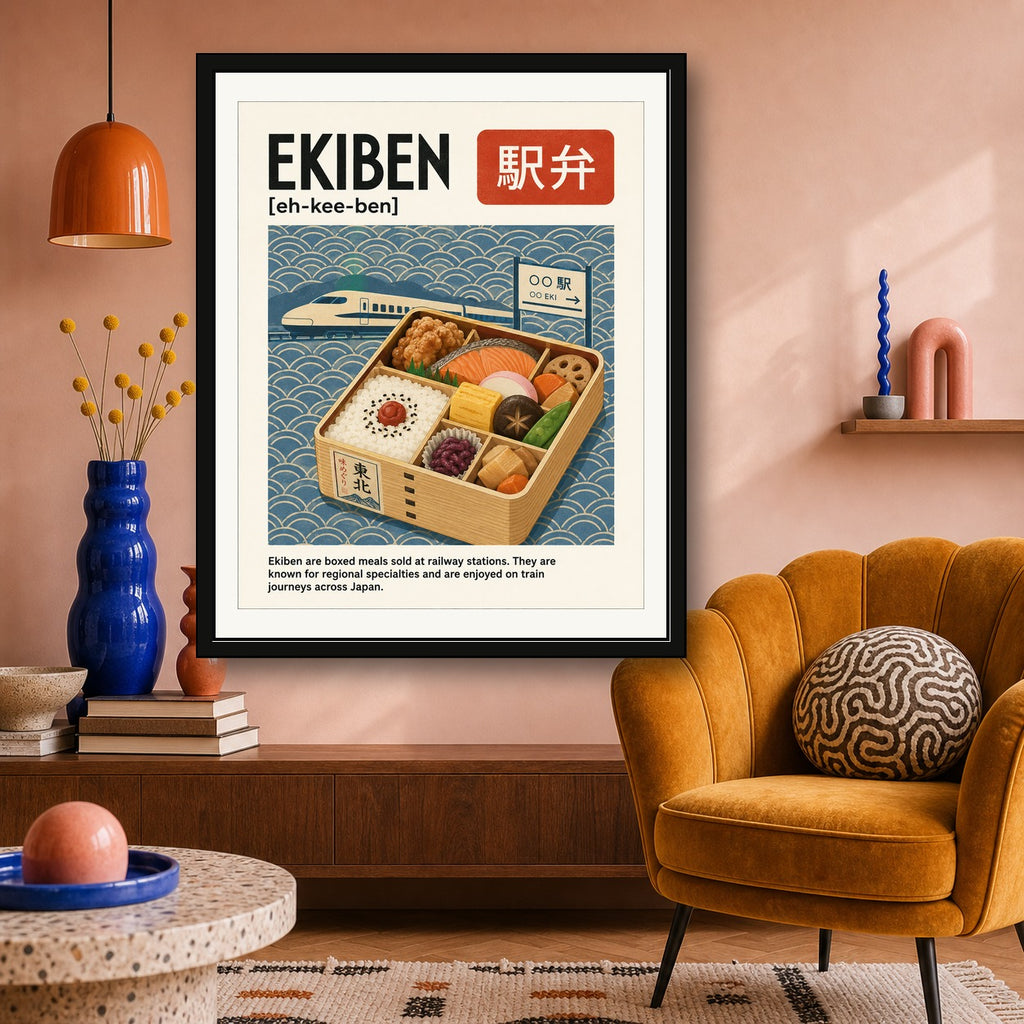 Ekiben Japan Travel Poster, Japanese Bento Box Wall Art, Bullet Train & Foodie Print - corrected 4x5 room mockup