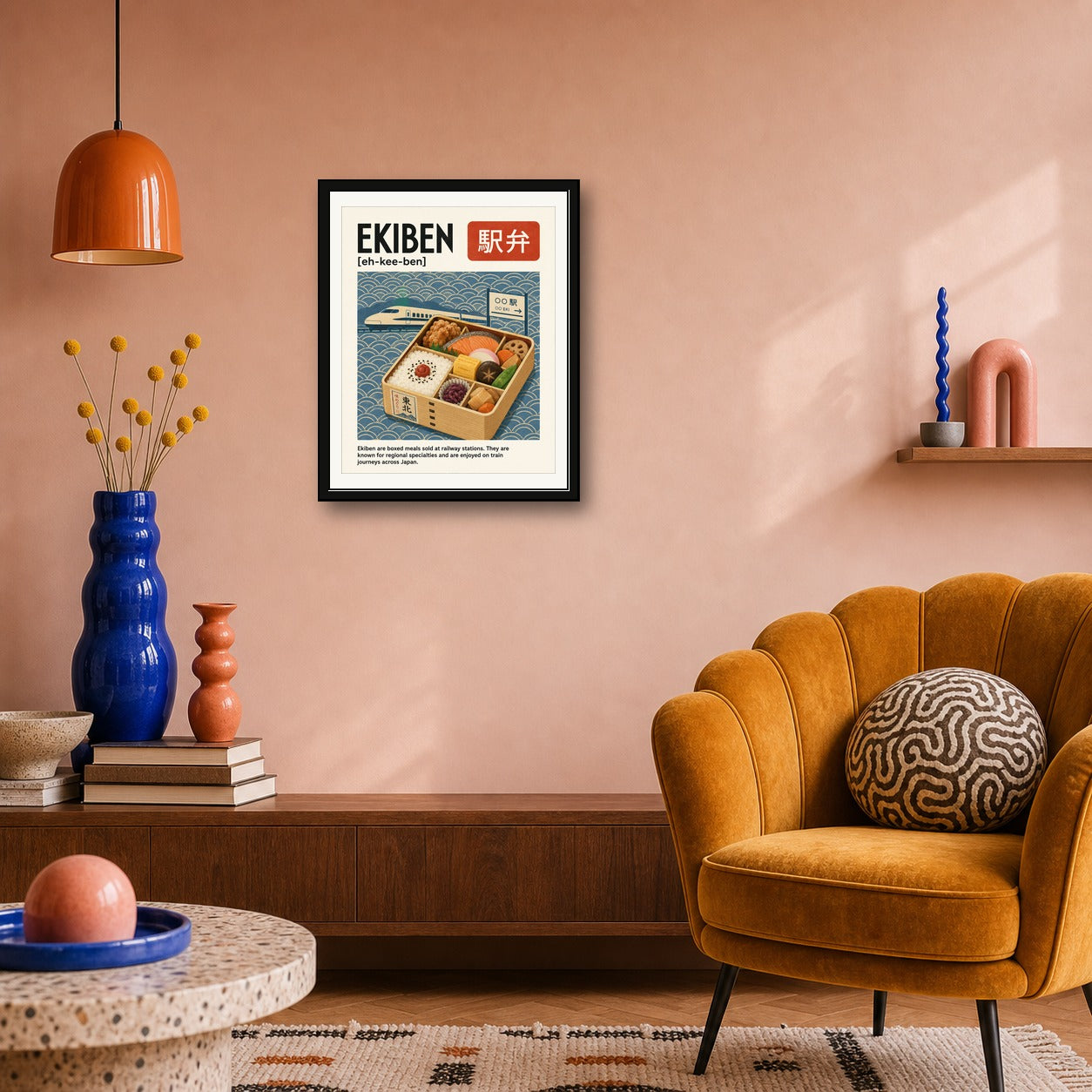 Ekiben Japan Travel Poster, Japanese Bento Box Wall Art, Bullet Train & Foodie Print - corrected 4x5 room mockup