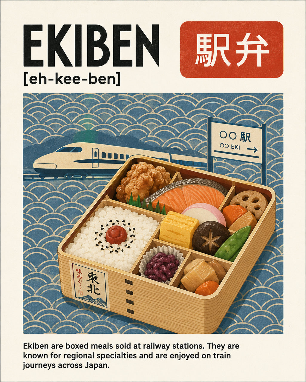 Ekiben Japan Travel Poster, Japanese Bento Box Wall Art, Bullet Train & Foodie Print - corrected 4x5 flat artwork