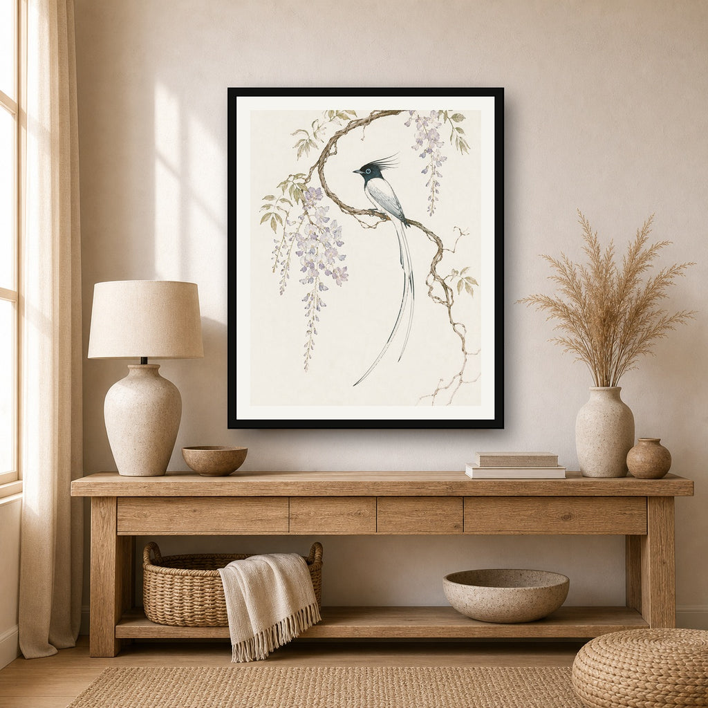 Elegant Wisteria Bird Poster, Japanese Wall Art Print, Serene Nature Decor in Various Sizes - 4x5 room mockup
