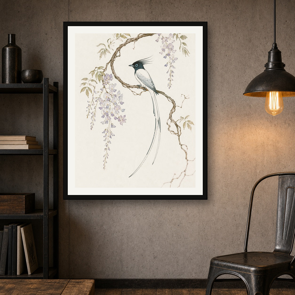 Elegant Wisteria Bird Poster, Japanese Wall Art Print, Serene Nature Decor in Various Sizes - 4x5 room mockup