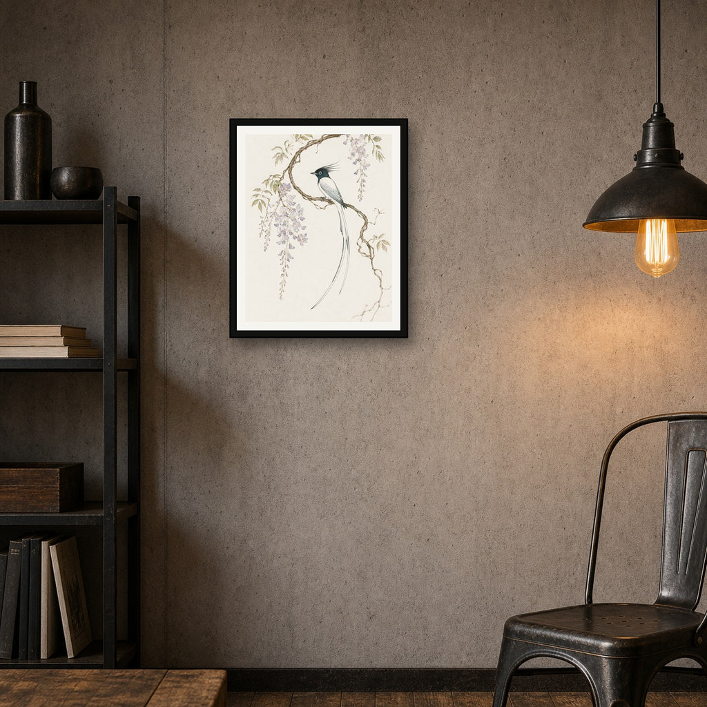 Elegant Wisteria Bird Poster, Japanese Wall Art Print, Serene Nature Decor in Various Sizes - 4x5 room mockup