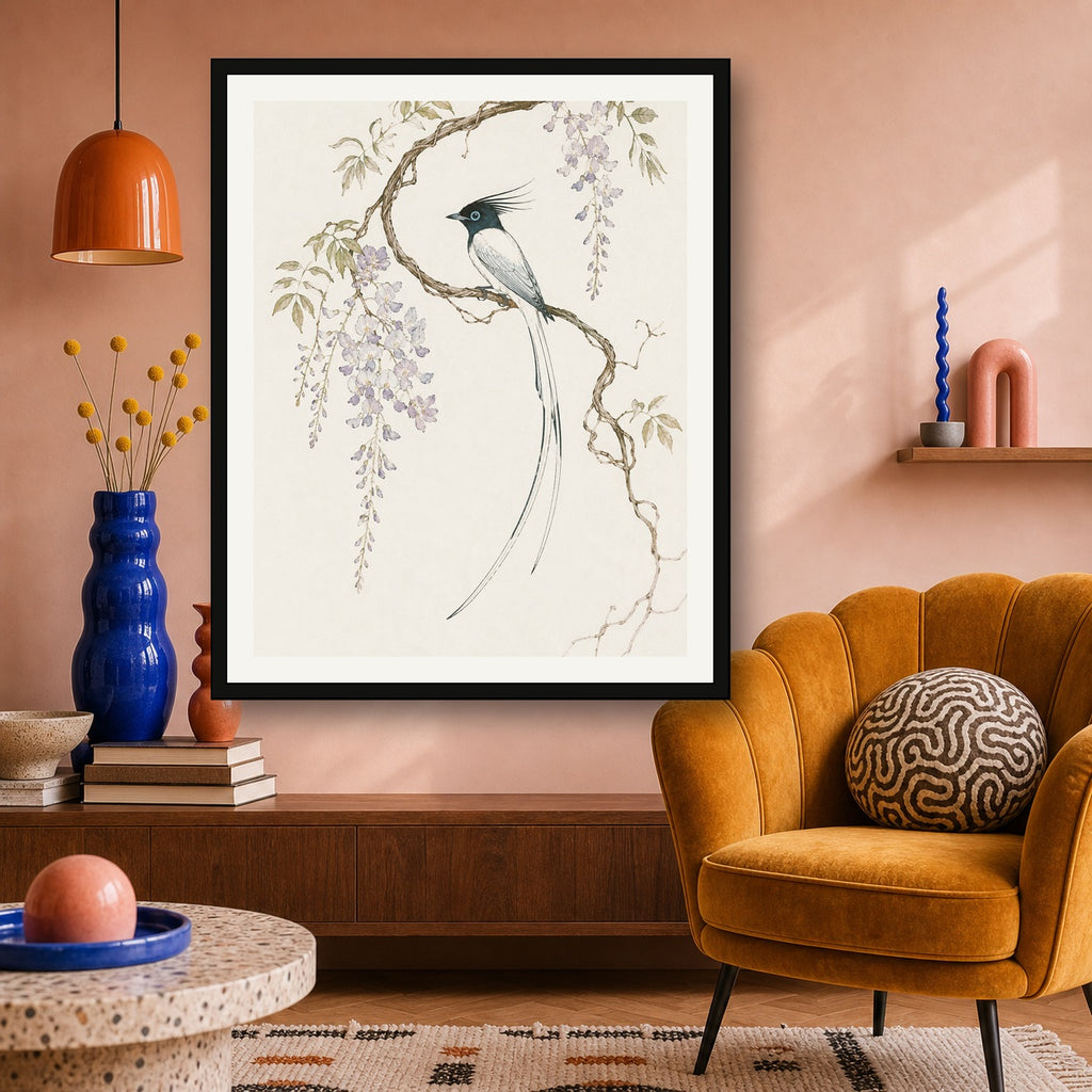 Elegant Wisteria Bird Poster, Japanese Wall Art Print, Serene Nature Decor in Various Sizes - 4x5 room mockup