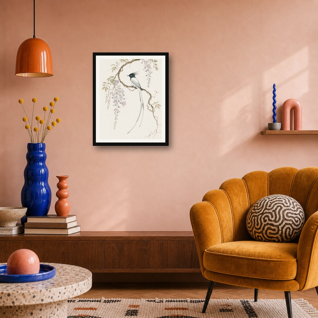 Elegant Wisteria Bird Poster, Japanese Wall Art Print, Serene Nature Decor in Various Sizes - 4x5 room mockup