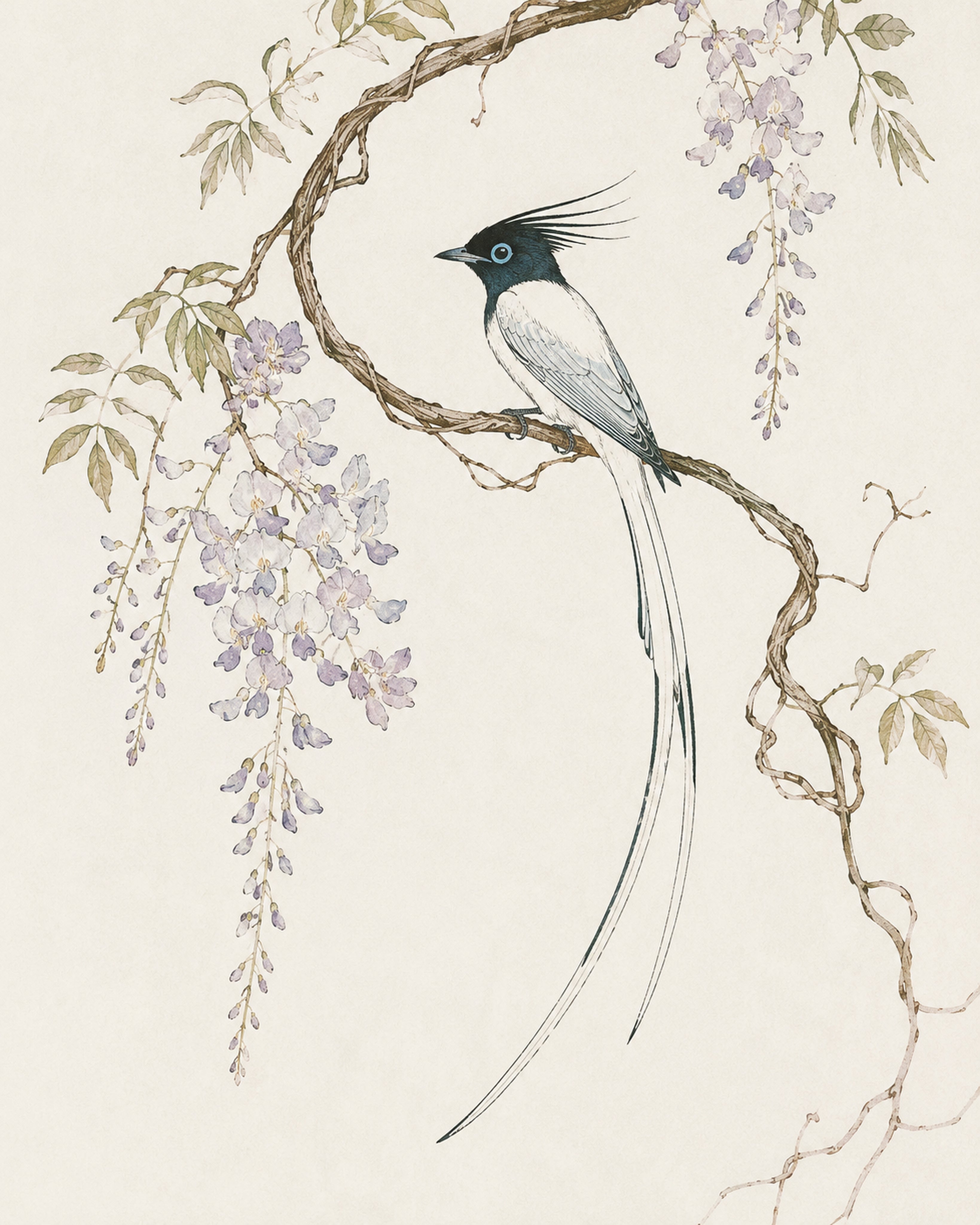 Elegant Wisteria Bird Poster, Japanese Wall Art Print, Serene Nature Decor in Various Sizes - full 4x5 artwork