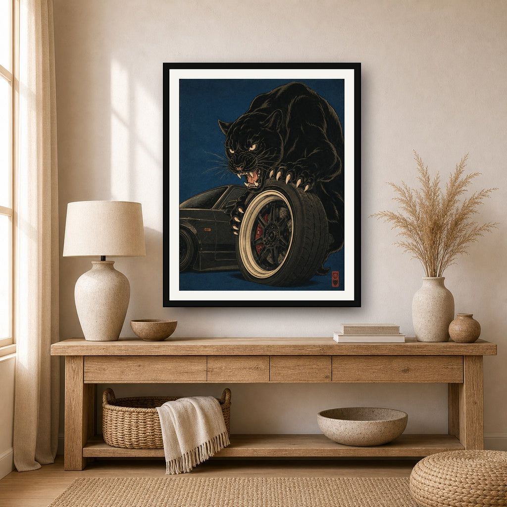 Fierce Panther & JDM Car Art Print, Japanese Ukiyo-e Style Wall Art, Sports Car Enthusiast Poster in Various Sizes - 4x5 room mockup