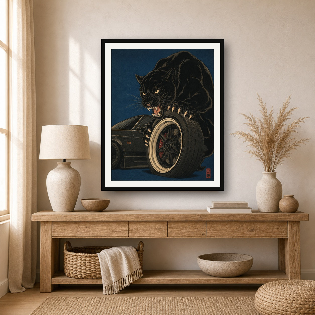 Fierce Panther & JDM Car Art Print, Japanese Ukiyo-e Style Wall Art, Sports Car Enthusiast Poster in Various Sizes - 4x5 room mockup