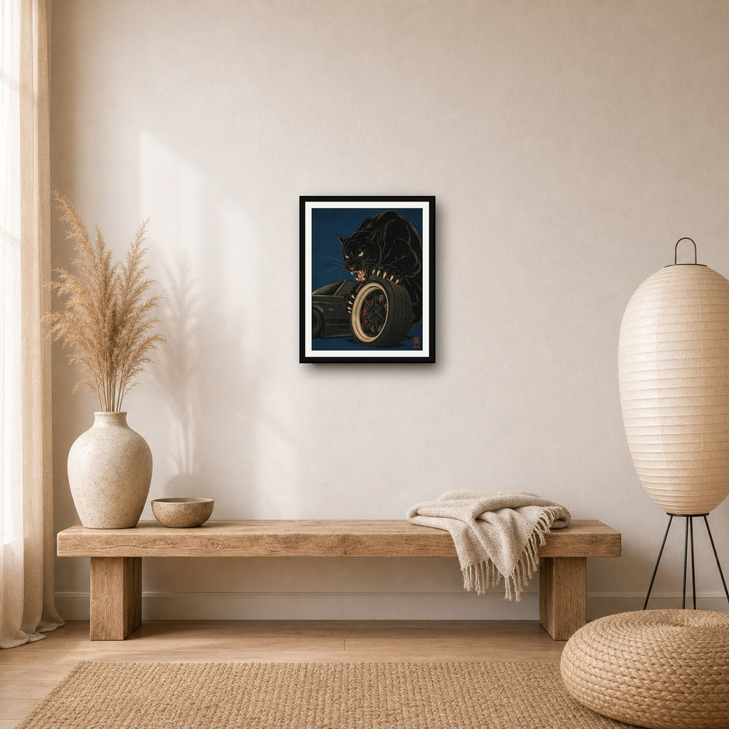 Fierce Panther & JDM Car Art Print, Japanese Ukiyo-e Style Wall Art, Sports Car Enthusiast Poster in Various Sizes - 4x5 room mockup