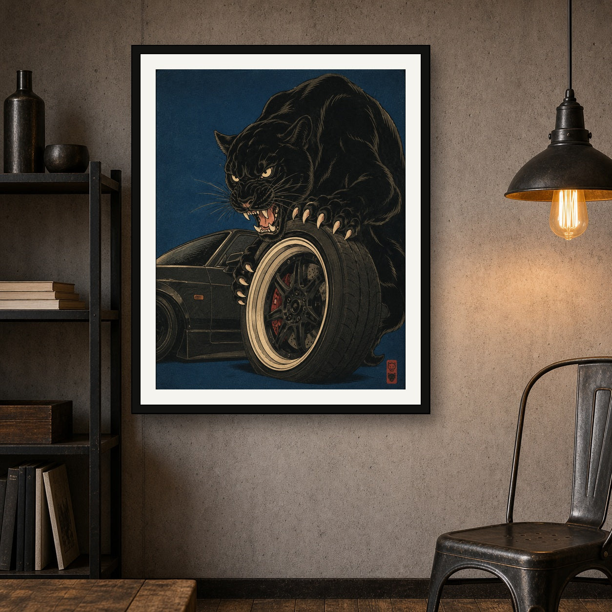Fierce Panther & JDM Car Art Print, Japanese Ukiyo-e Style Wall Art, Sports Car Enthusiast Poster in Various Sizes - 4x5 room mockup
