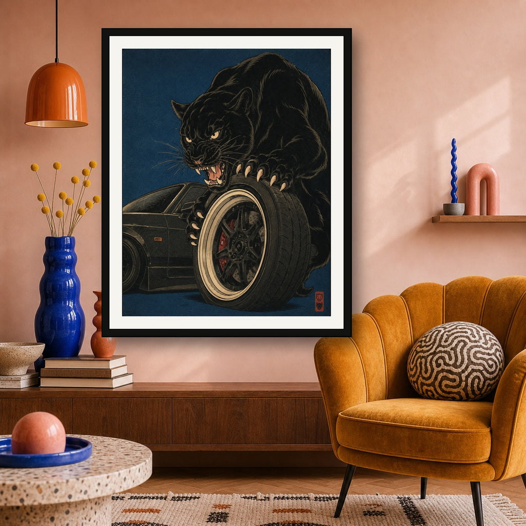 Fierce Panther & JDM Car Art Print, Japanese Ukiyo-e Style Wall Art, Sports Car Enthusiast Poster in Various Sizes - 4x5 room mockup