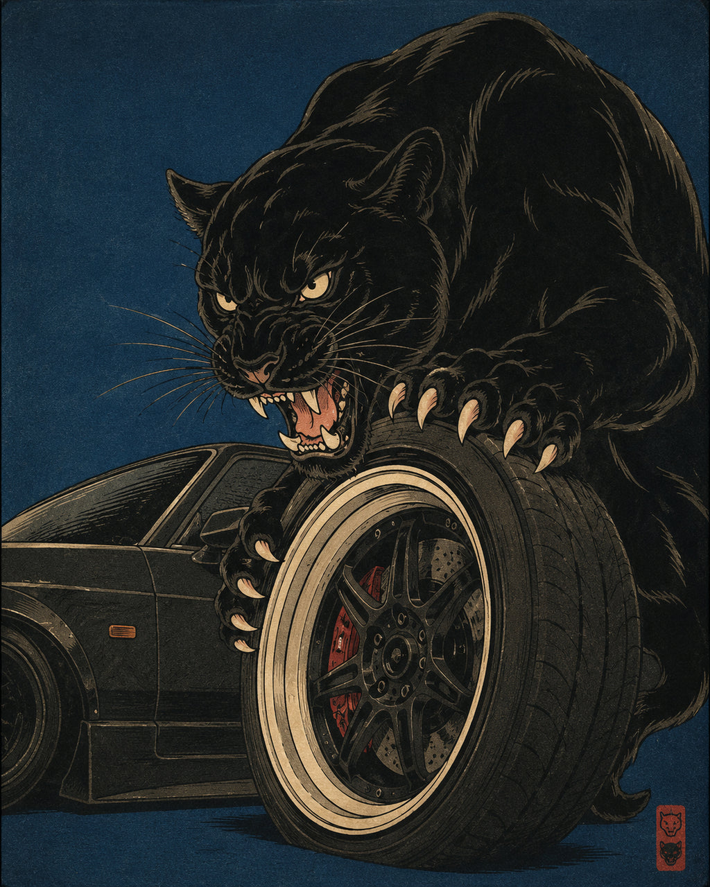 Fierce Panther & JDM Car Art Print, Japanese Ukiyo-e Style Wall Art, Sports Car Enthusiast Poster in Various Sizes - full 4x5 artwork