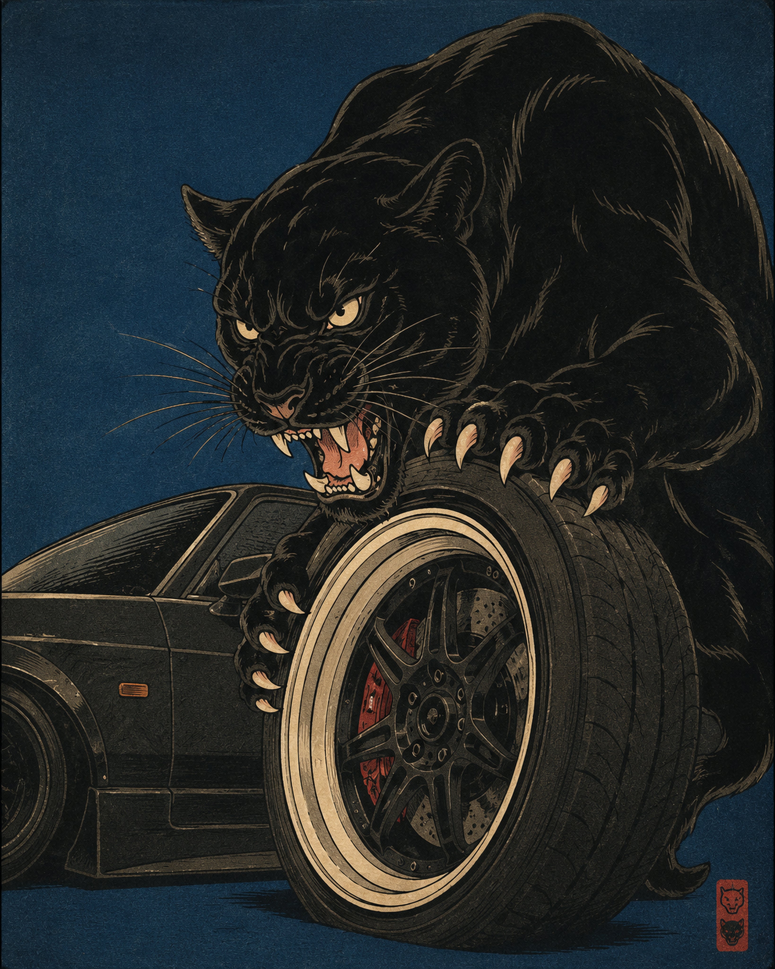 Fierce Panther & JDM Car Art Print, Japanese Ukiyo-e Style Wall Art, Sports Car Enthusiast Poster in Various Sizes - full 4x5 artwork