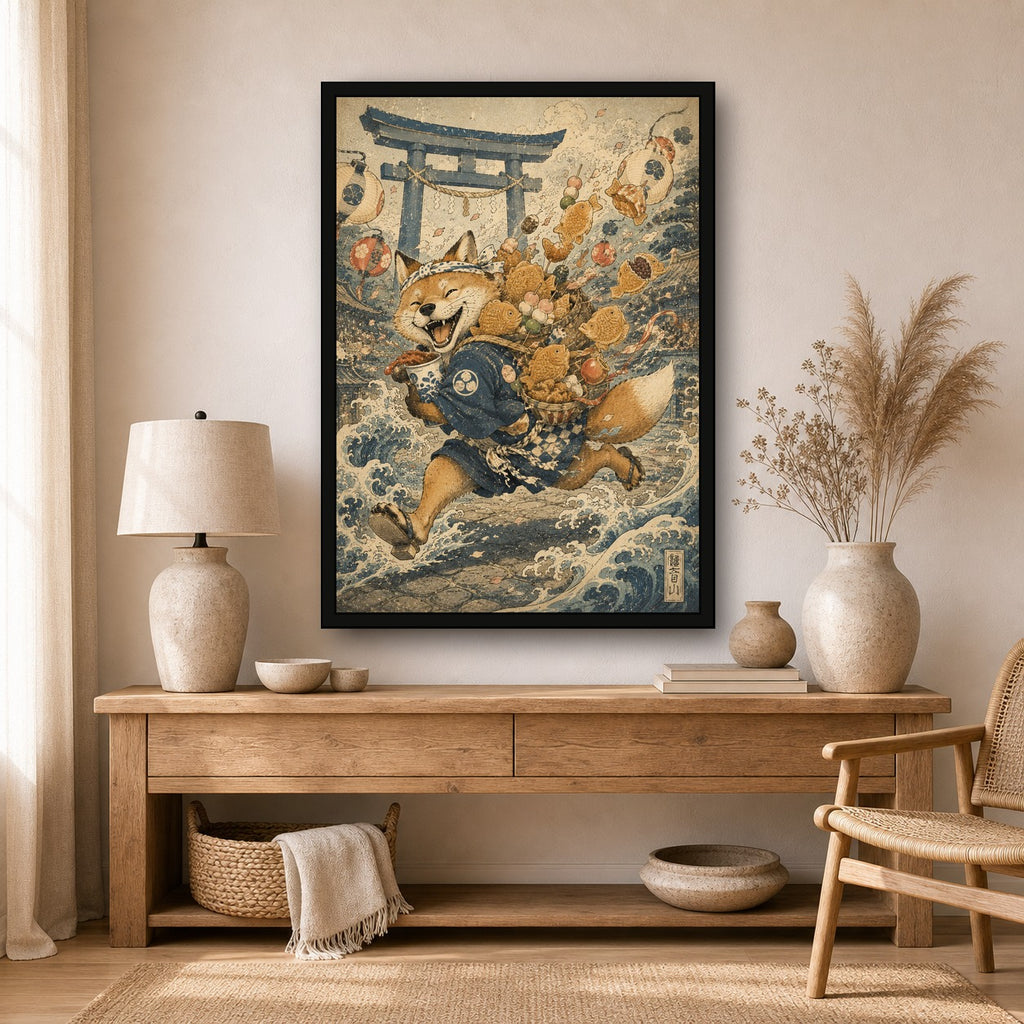 Fox Tempura Run Japanese Retro Poster Print - A room mockup