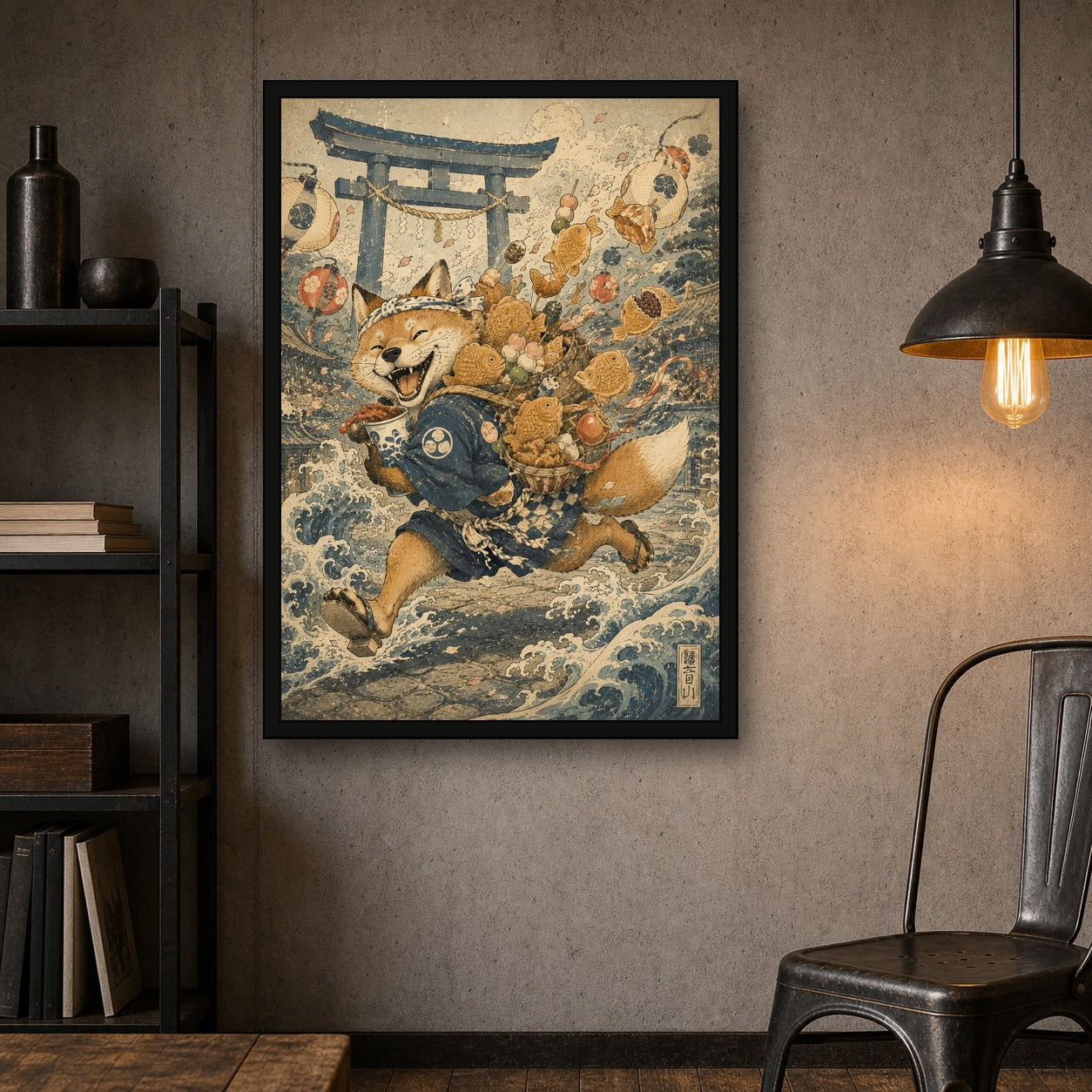 Fox Tempura Run Japanese Retro Poster Print - A room mockup