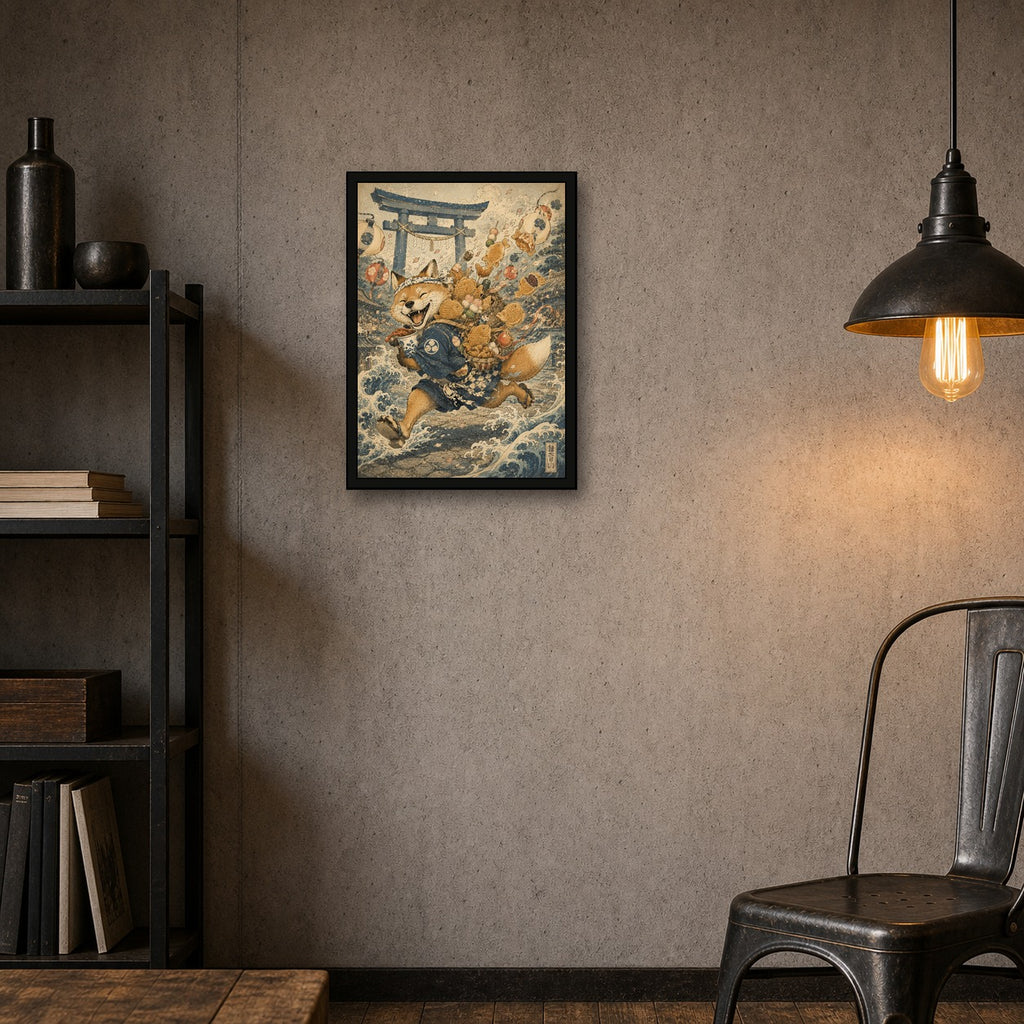 Fox Tempura Run Japanese Retro Poster Print - A room mockup