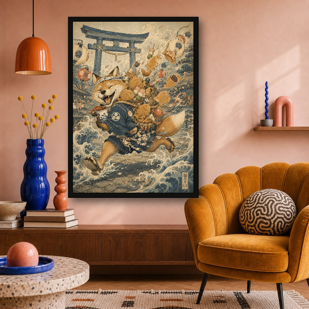 Fox Tempura Run Japanese Retro Poster Print - A room mockup