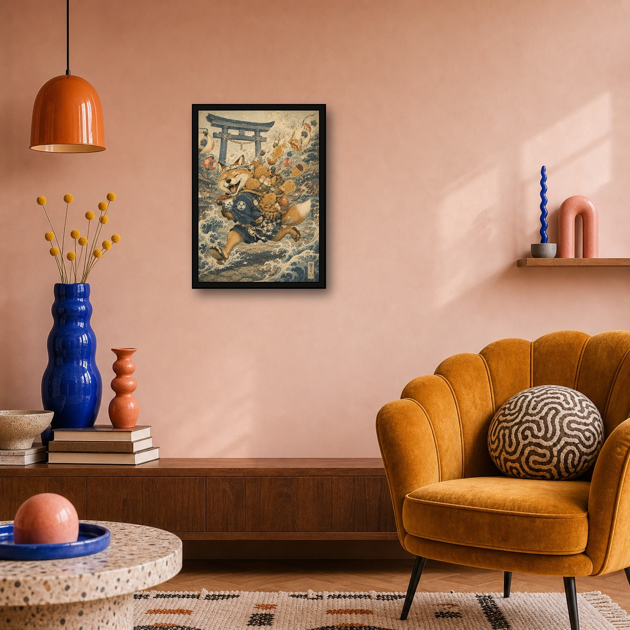 Fox Tempura Run Japanese Retro Poster Print - A room mockup