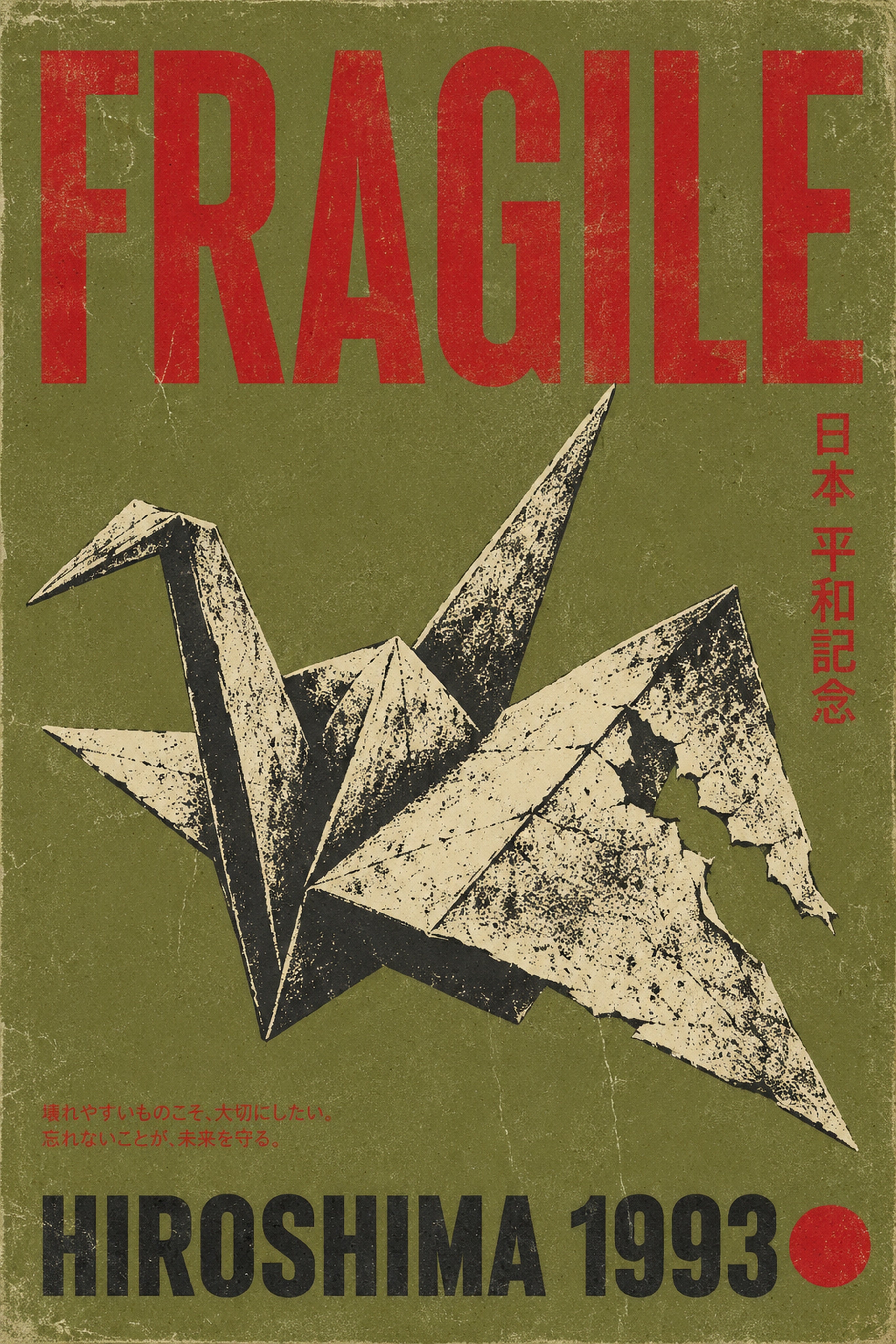 Fragile Origami Crane Poster, Vintage Japanese Wall Art, Hiroshima Peace Decor