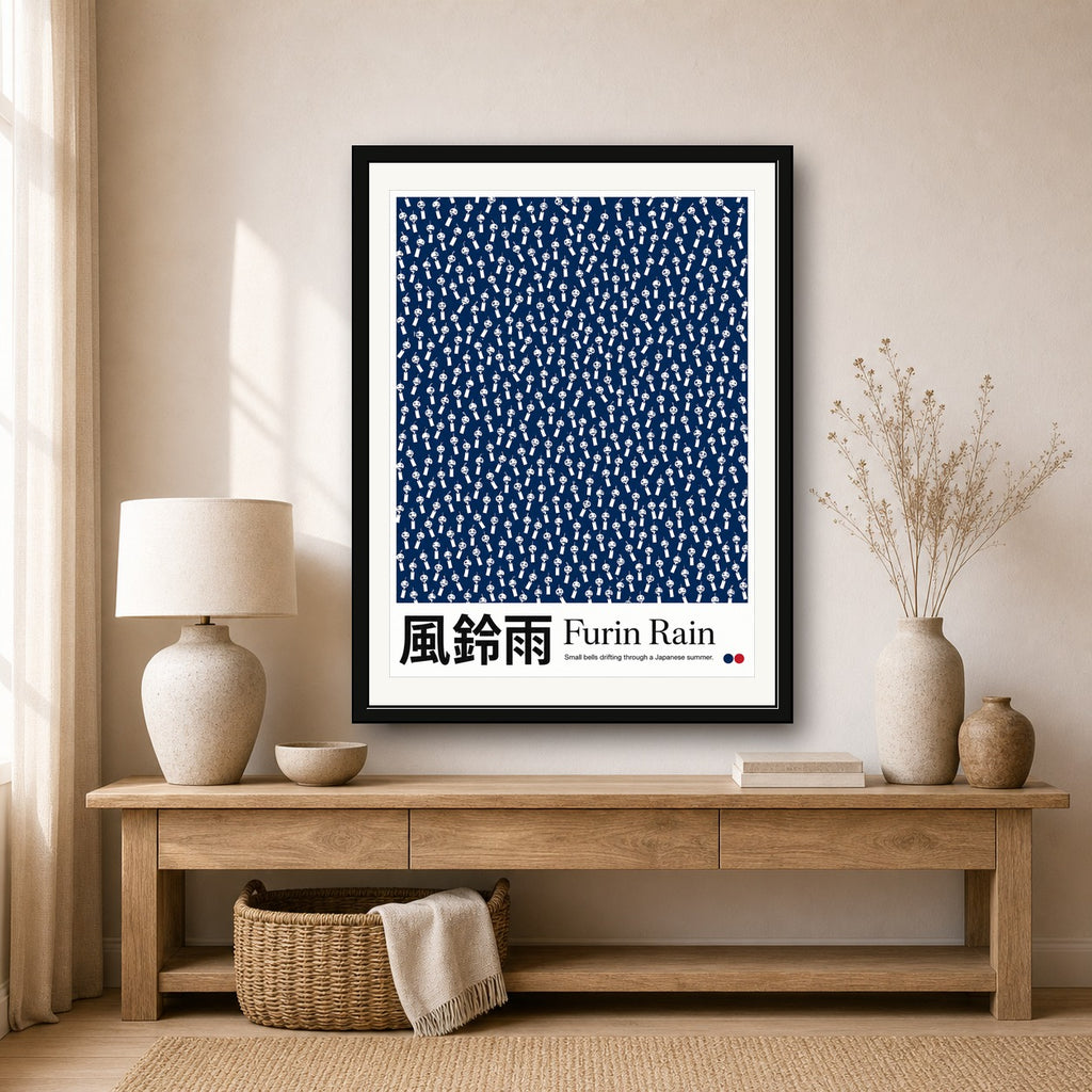 Furin Rain Japanese Wind Chime Poster - Serene Indigo Blue Art Print for Zen Home Decor, in Your Choice of Six Sizes - corrected 3x4 room mockup
