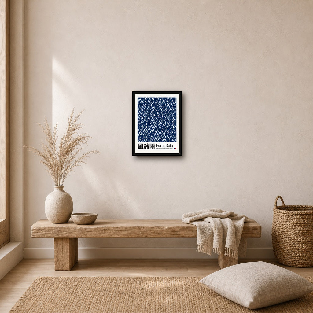 Furin Rain Japanese Wind Chime Poster - Serene Indigo Blue Art Print for Zen Home Decor, in Your Choice of Six Sizes - corrected 3x4 room mockup