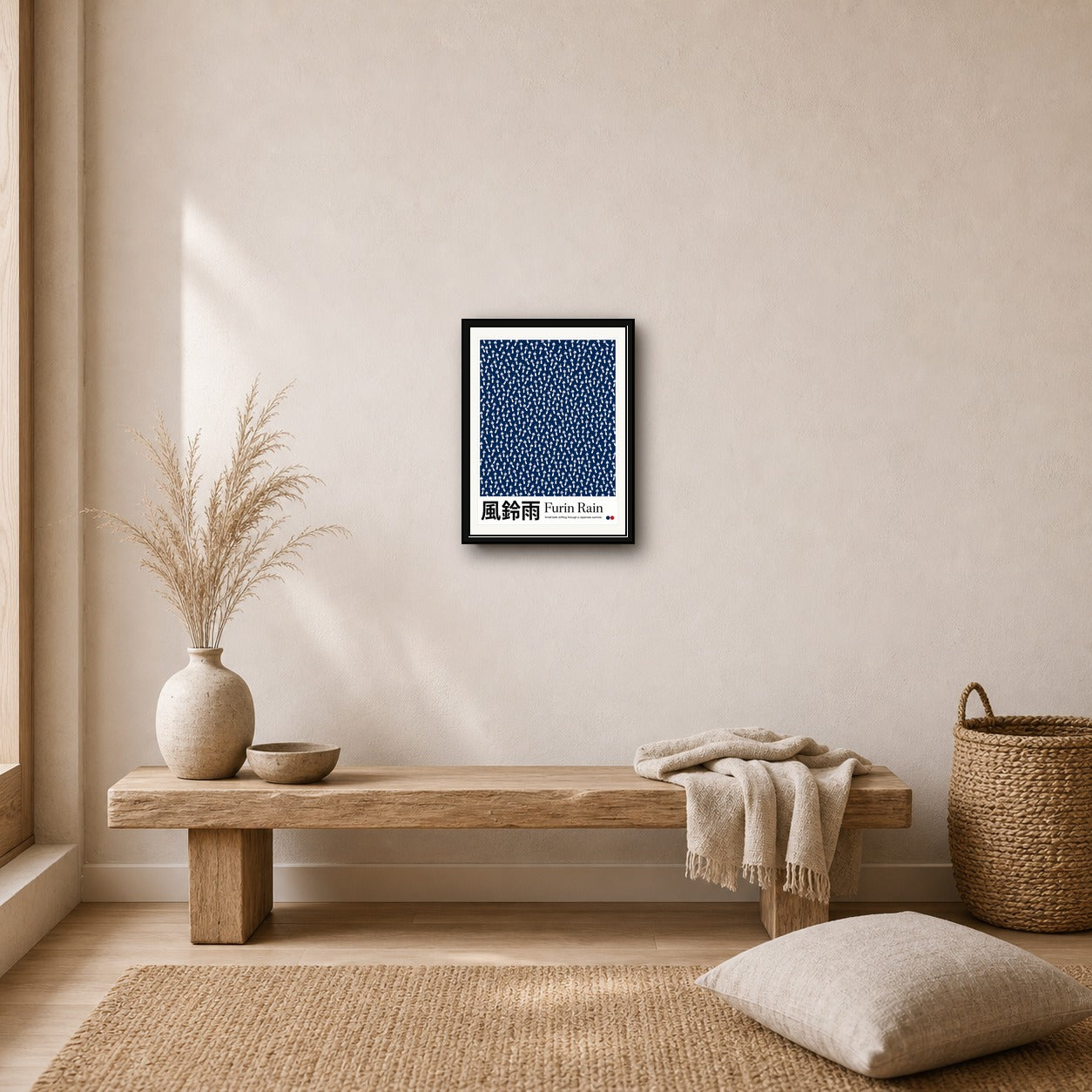 Furin Rain Japanese Wind Chime Poster - Serene Indigo Blue Art Print for Zen Home Decor, in Your Choice of Six Sizes - corrected 3x4 room mockup