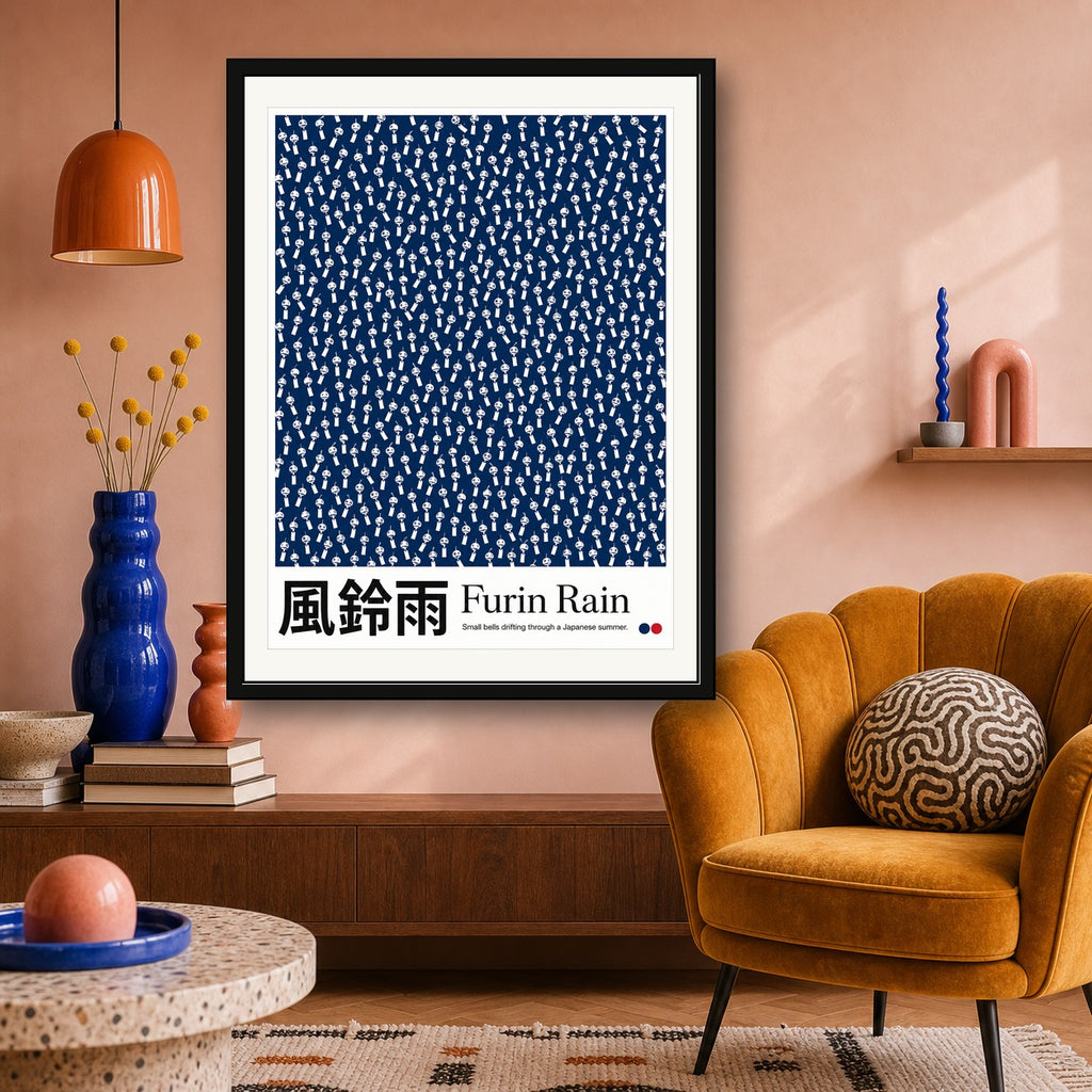 Furin Rain Japanese Wind Chime Poster - Serene Indigo Blue Art Print for Zen Home Decor, in Your Choice of Six Sizes - corrected 3x4 room mockup