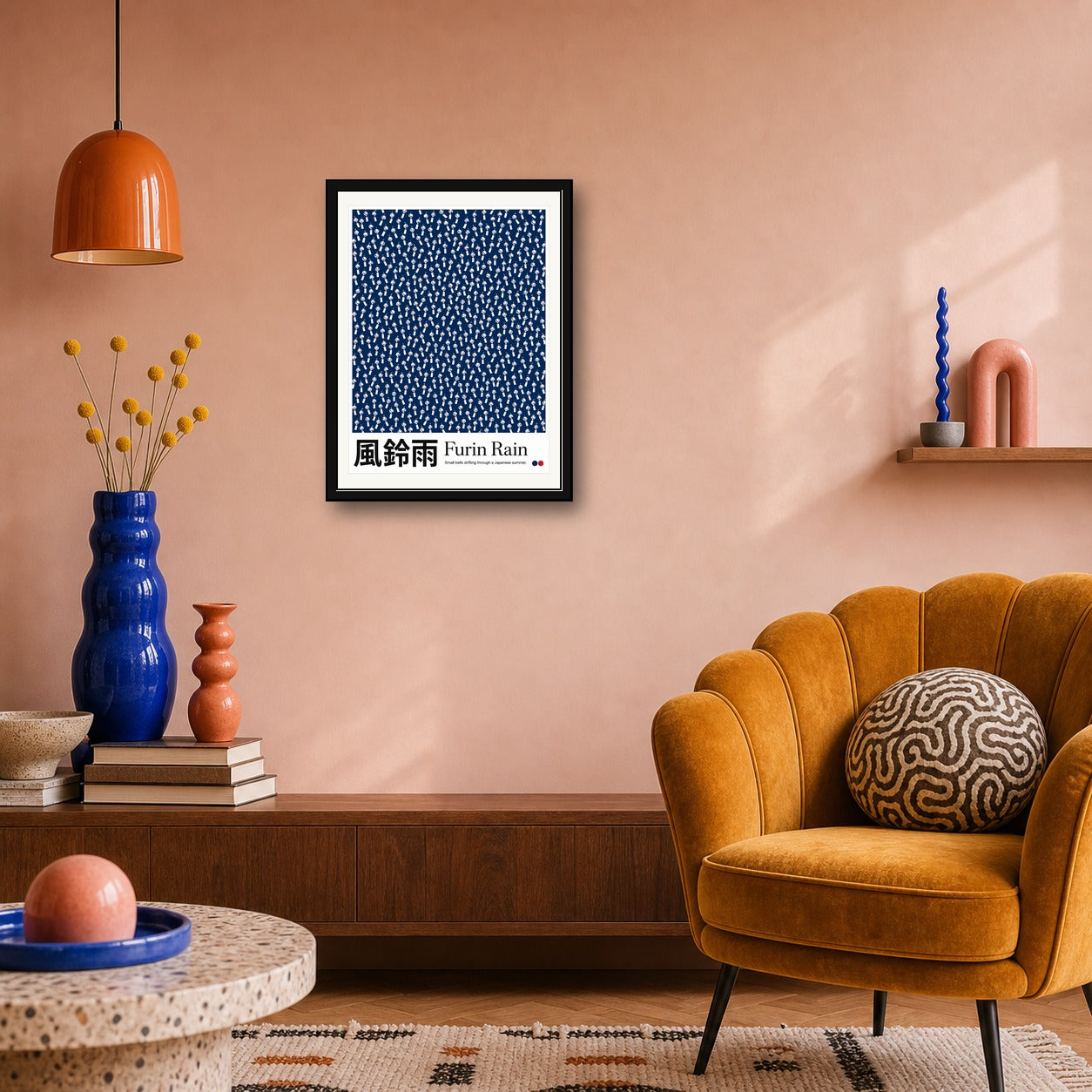 Furin Rain Japanese Wind Chime Poster - Serene Indigo Blue Art Print for Zen Home Decor, in Your Choice of Six Sizes - corrected 3x4 room mockup