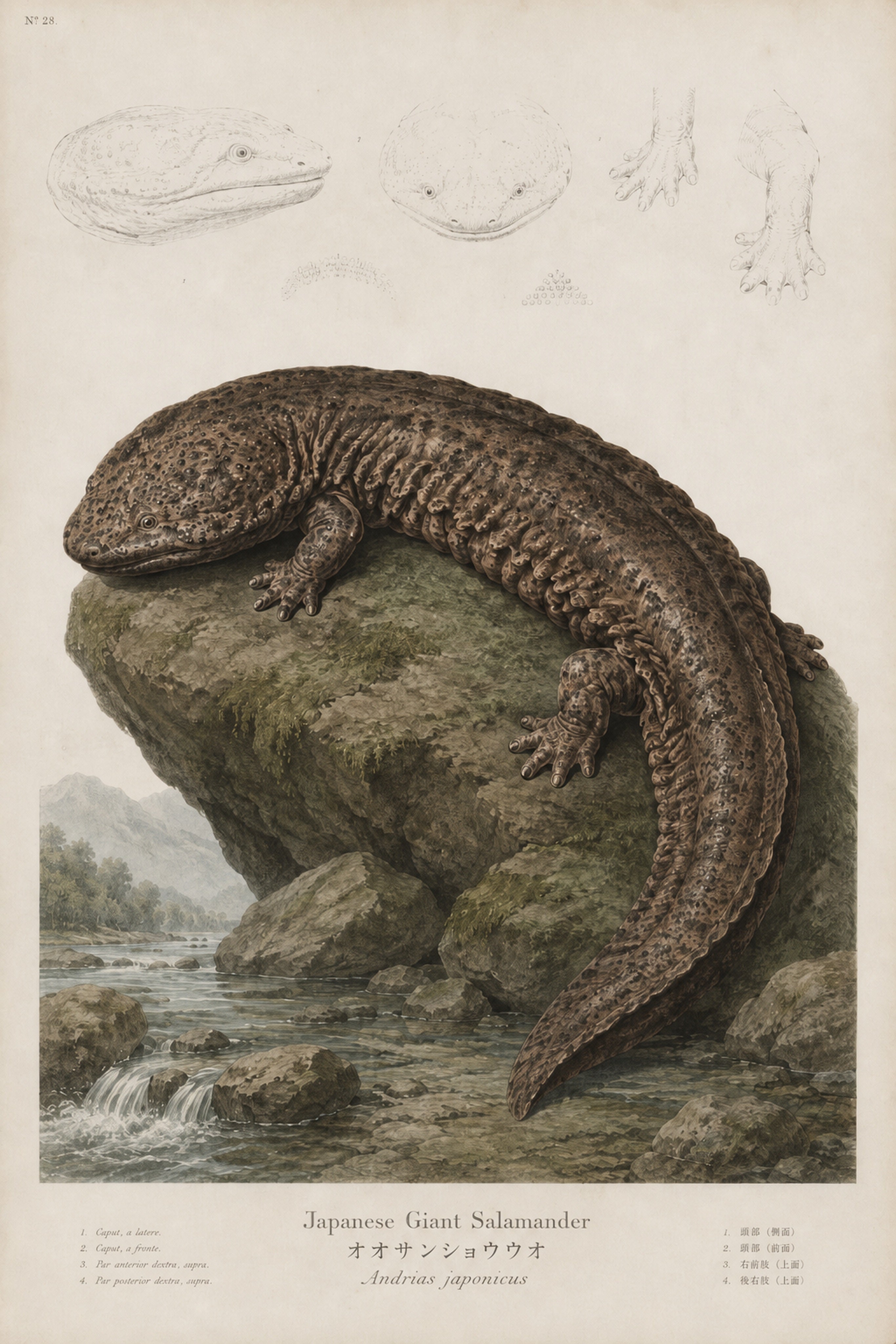 Giant Salamander Study Japanese inspired poster print for modern wall decor
