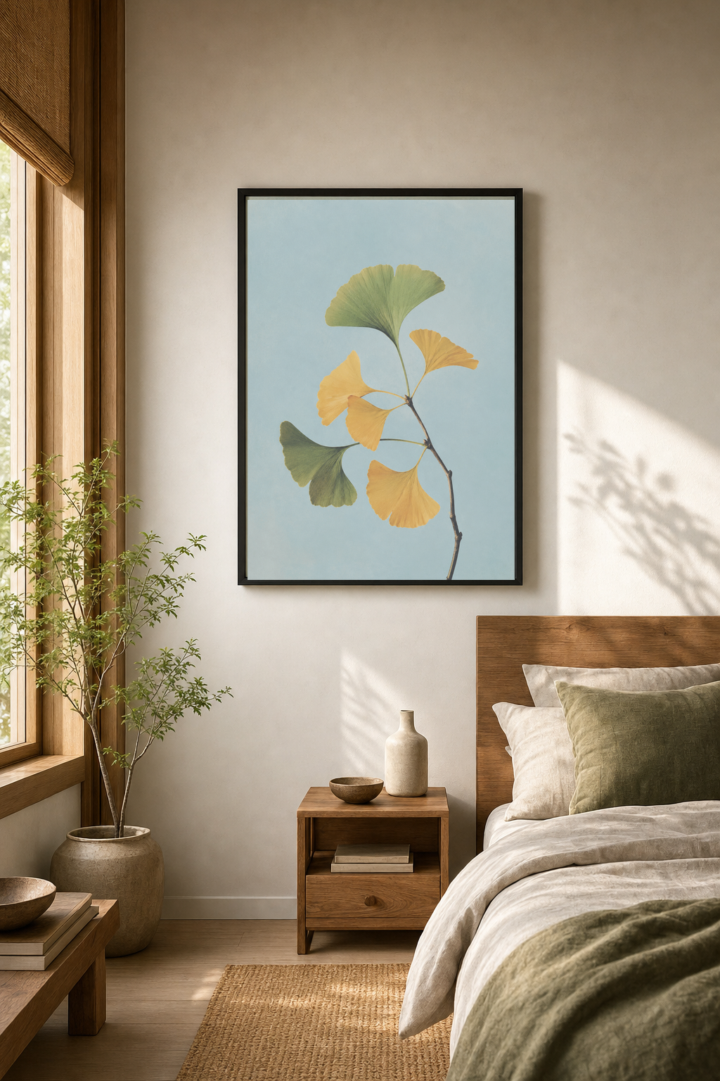 Ginkgo Branch Botanical Poster, Japanese Nature Wall Art Print in an artwork-specific room mockup