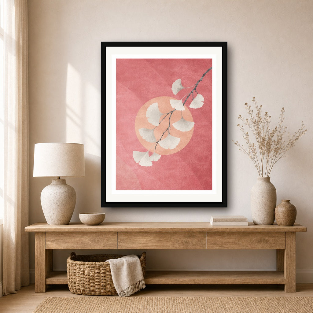 Ginkgo & Peach Sunset Poster, Japanese Serenity Wall Art, Zen Nature Print in Your Choice of Six Sizes - corrected 3x4 room mockup
