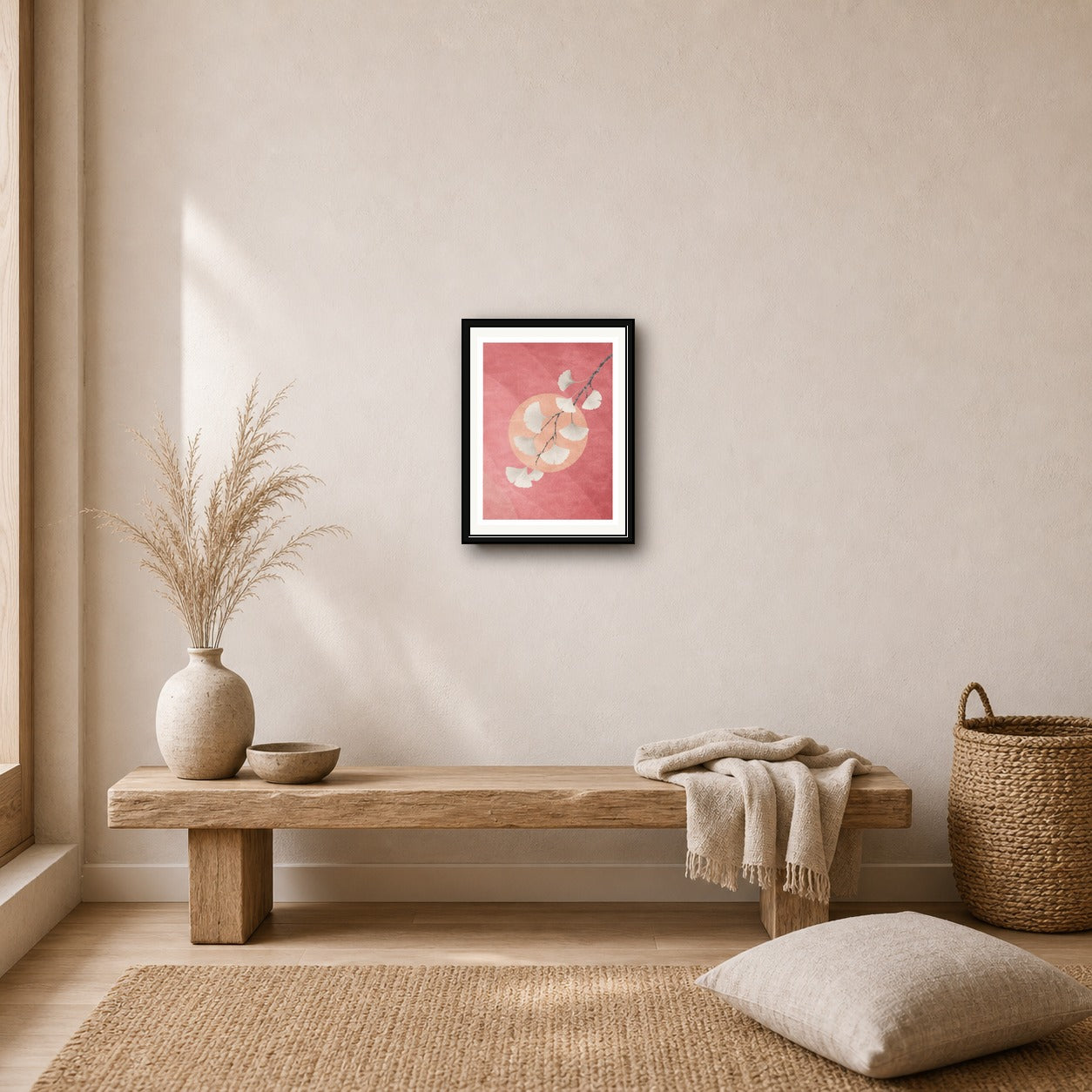 Ginkgo & Peach Sunset Poster, Japanese Serenity Wall Art, Zen Nature Print in Your Choice of Six Sizes - corrected 3x4 room mockup