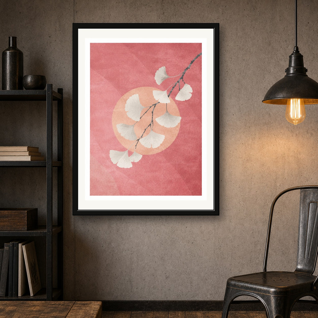 Ginkgo & Peach Sunset Poster, Japanese Serenity Wall Art, Zen Nature Print in Your Choice of Six Sizes - corrected 3x4 room mockup