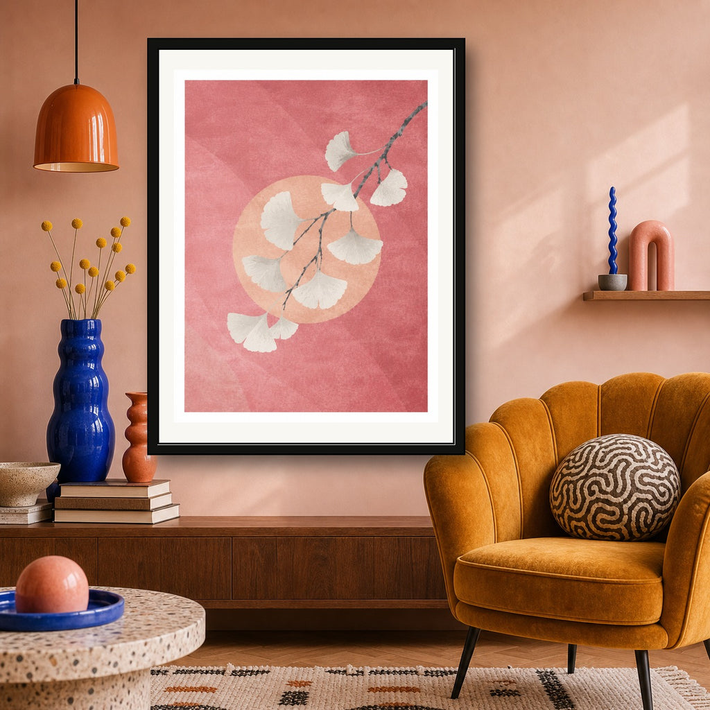 Ginkgo & Peach Sunset Poster, Japanese Serenity Wall Art, Zen Nature Print in Your Choice of Six Sizes - corrected 3x4 room mockup