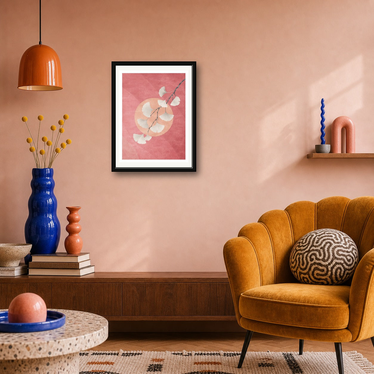 Ginkgo & Peach Sunset Poster, Japanese Serenity Wall Art, Zen Nature Print in Your Choice of Six Sizes - corrected 3x4 room mockup