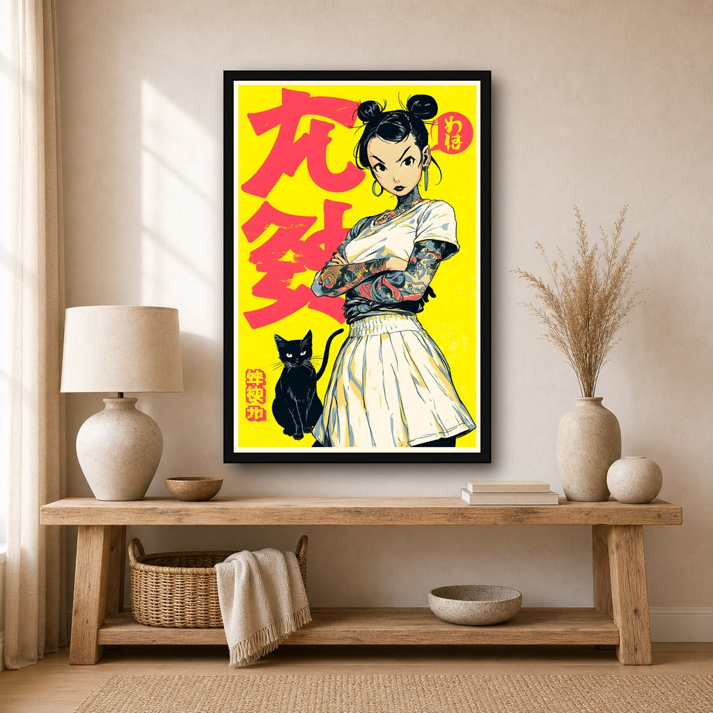 Girl with Black Cat Poster, Japanese Inspired Cat Wall Art Print - 2x3 room mockup
