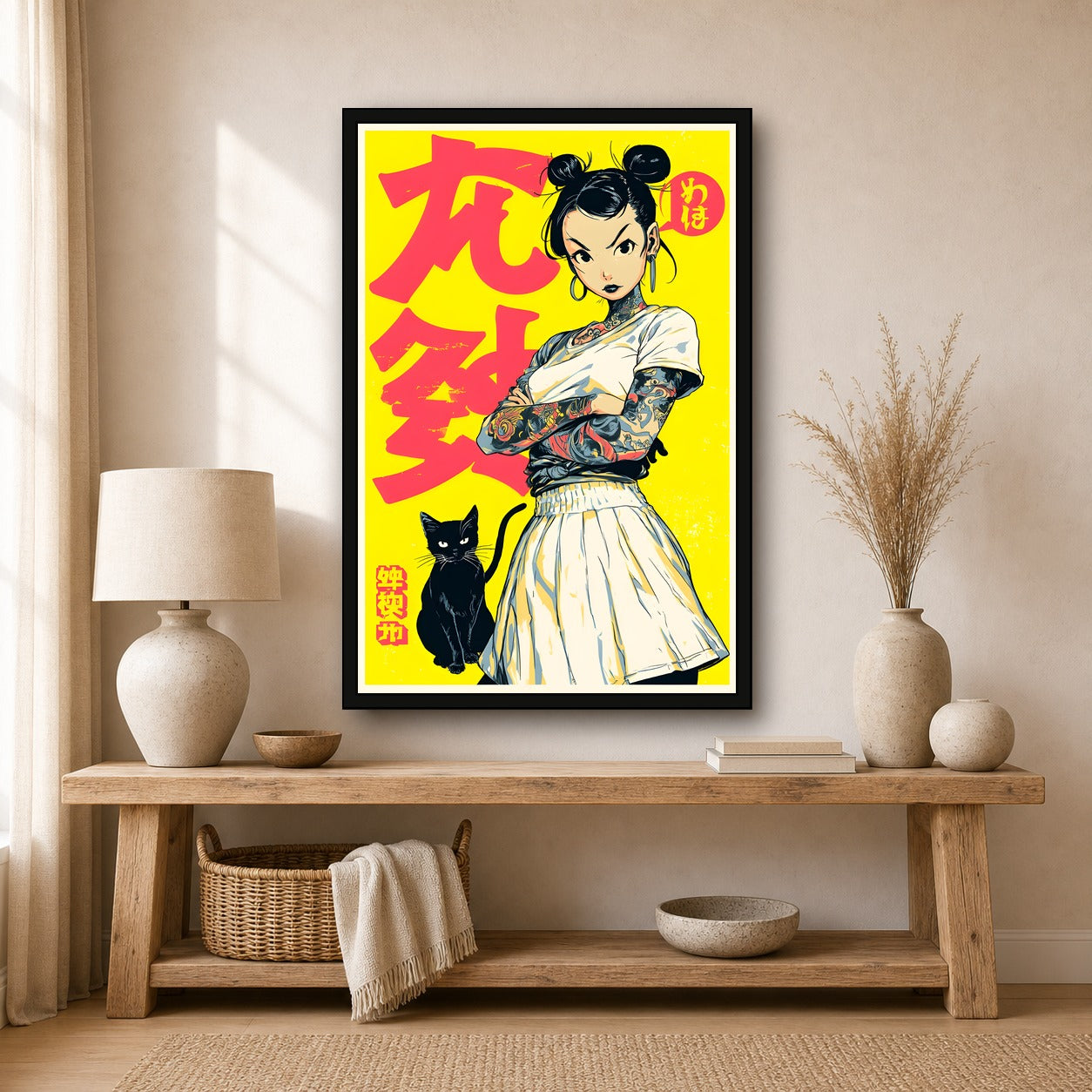 Girl with Black Cat Poster, Japanese Inspired Cat Wall Art Print - 2x3 room mockup
