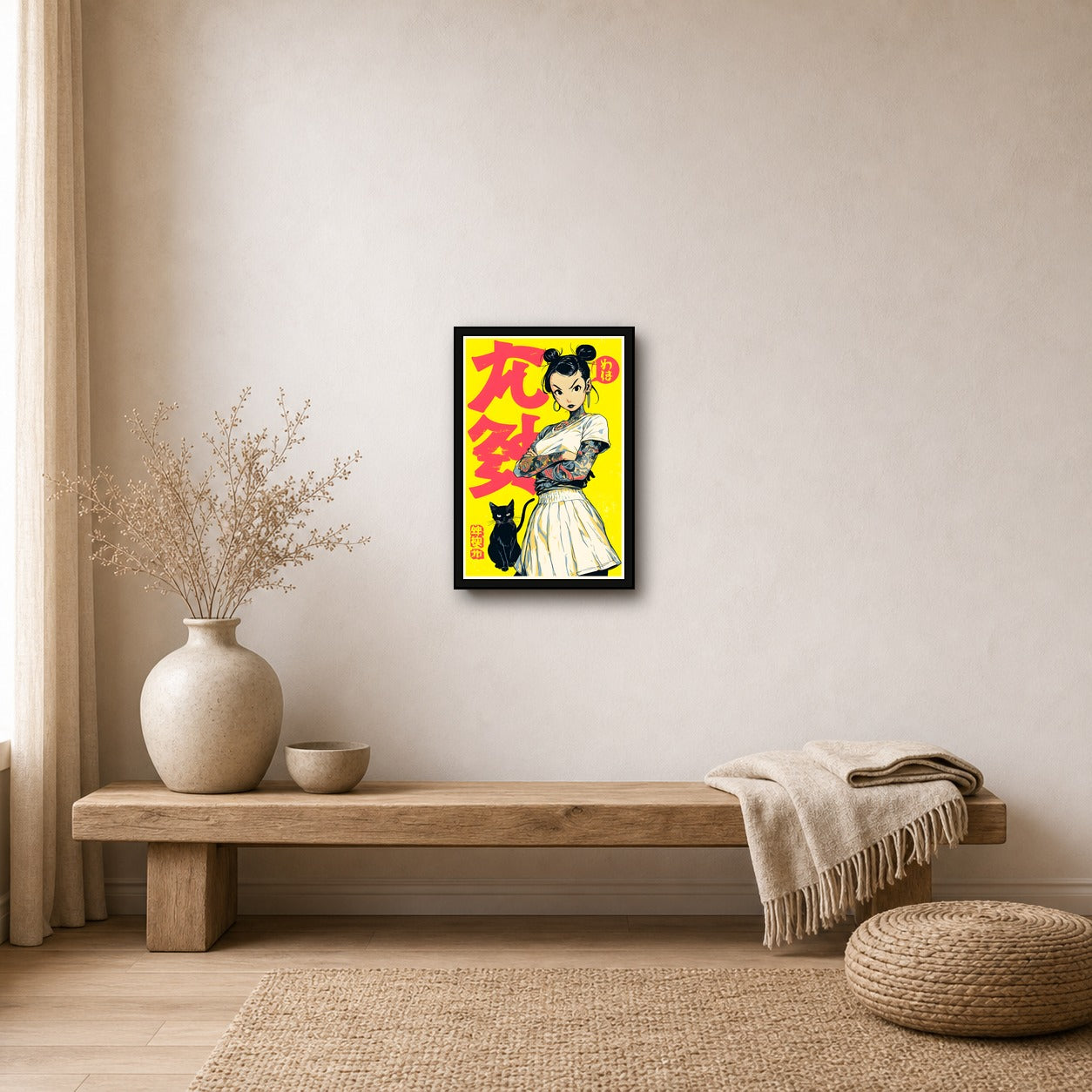 Girl with Black Cat Poster, Japanese Inspired Cat Wall Art Print - 2x3 room mockup