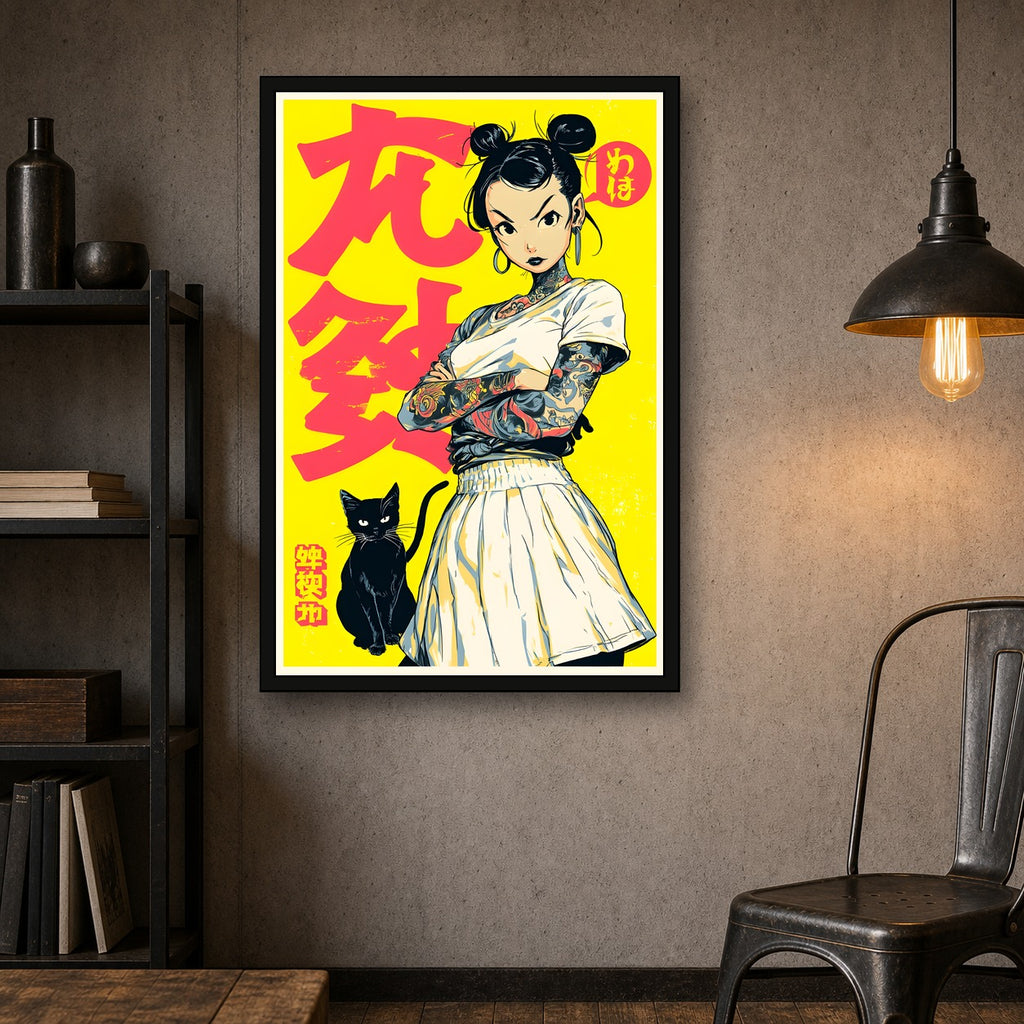 Girl with Black Cat Poster, Japanese Inspired Cat Wall Art Print - 2x3 room mockup