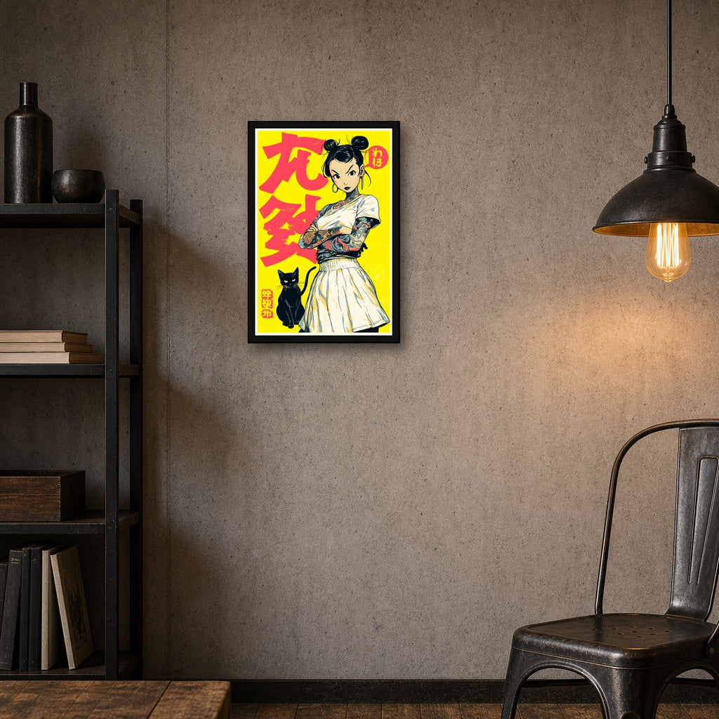 Girl with Black Cat Poster, Japanese Inspired Cat Wall Art Print - 2x3 room mockup