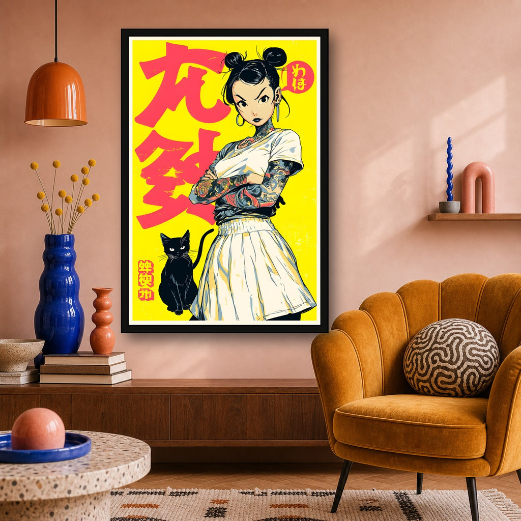 Girl with Black Cat Poster, Japanese Inspired Cat Wall Art Print - 2x3 room mockup